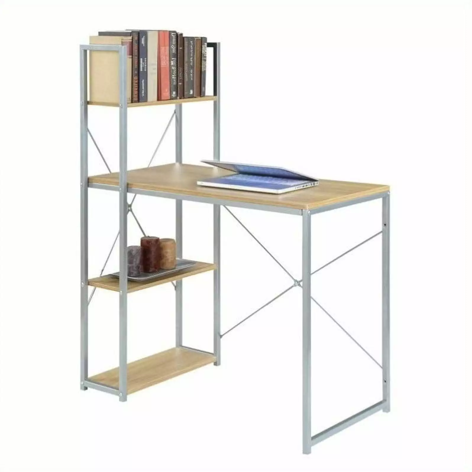 Pemberly Row Office Work Station Shelves Off White Light Oak Home Office