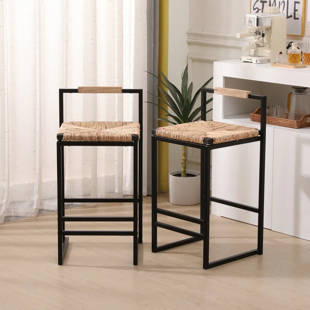 Set 2 Water Hyacinth Woven Bar Stools Back Counter Height Natural rnb