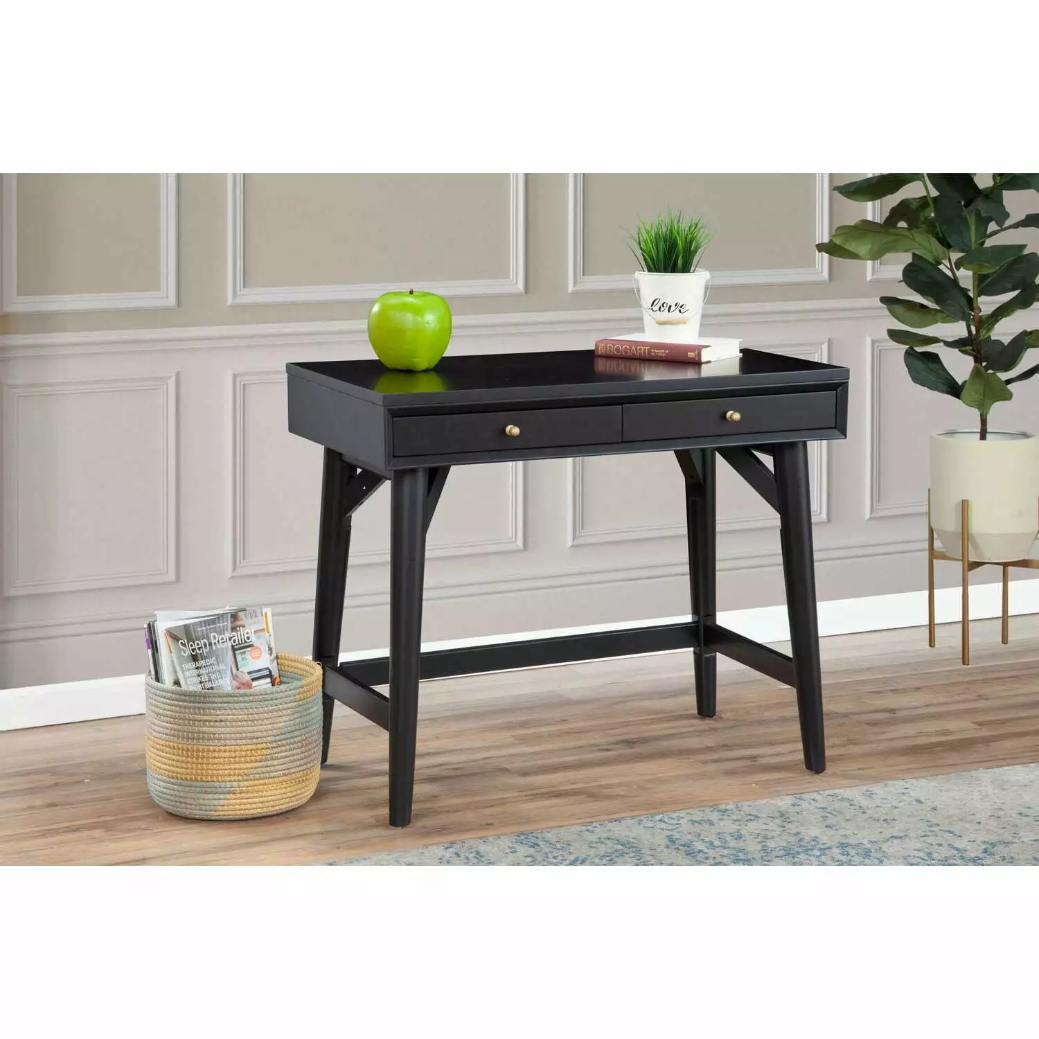 Alpine Furniture Flynn Wood 2 Drawer Desk Black Finish