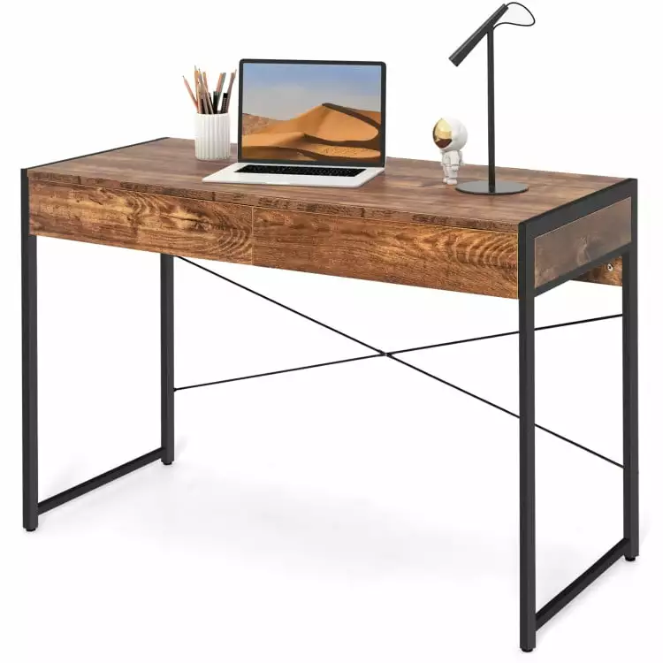 Barara King Computer Desk 2-Drawer Home Office Desk Steel Frame Brown Writing Work Study