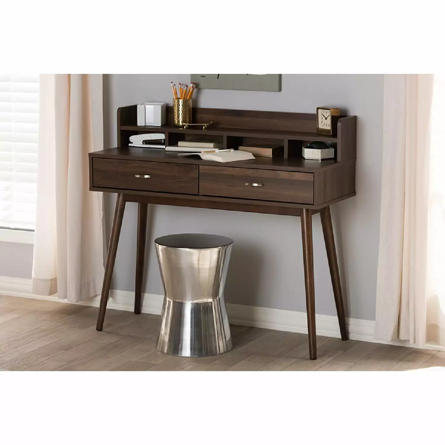 Baxton Studio Disa Mid-Century Modern Walnut Brown Finished 2-Drawer Desk