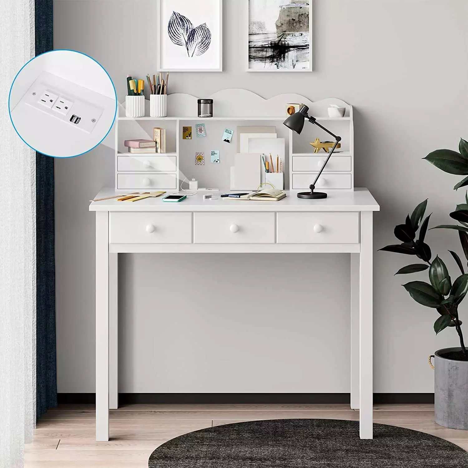 Writing Desk USB Port Home Office Desk Drawers and Hutch B&B Charcoal