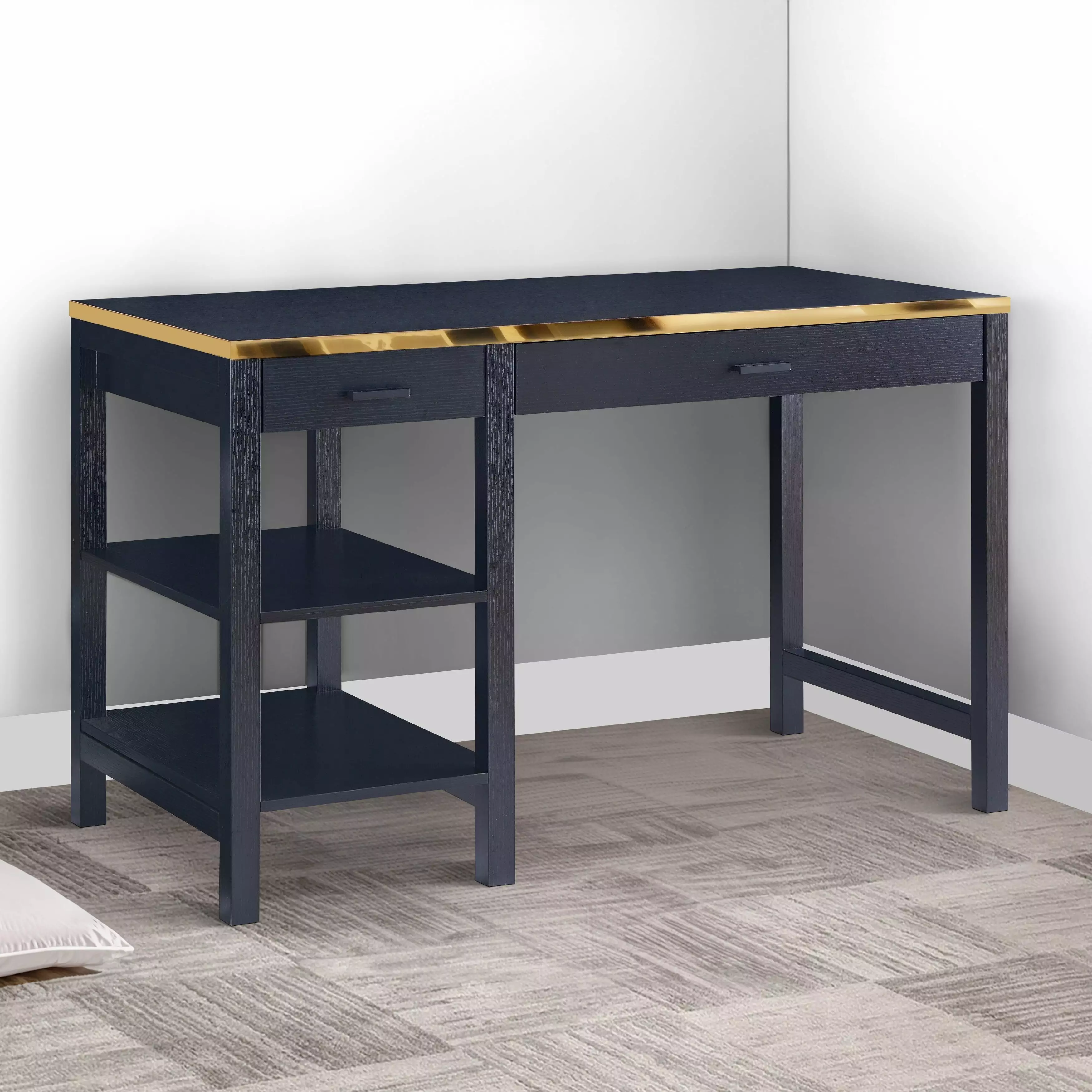 2 Drawer Rectangular Desk 2 Open Shelves Black and Gold Modern Bed Bath & Beyond