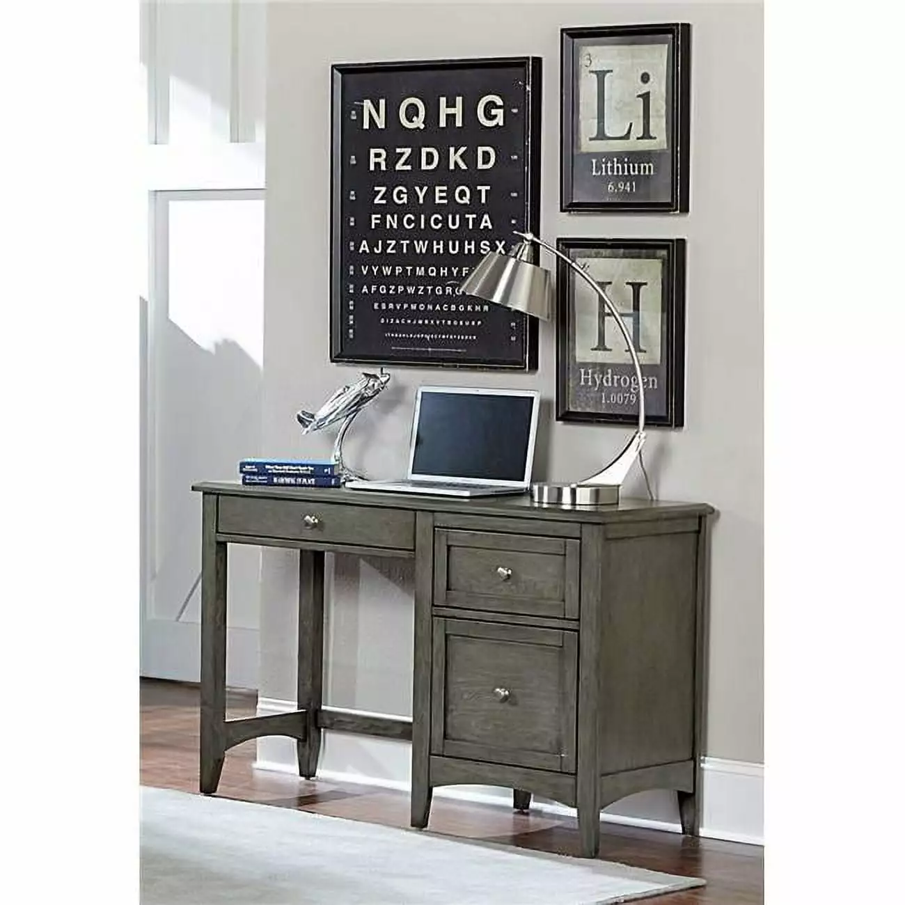 Benzara BM181924 Wooden Writing Desk Keyboard Tray & 2 Drawers - Gray Finish