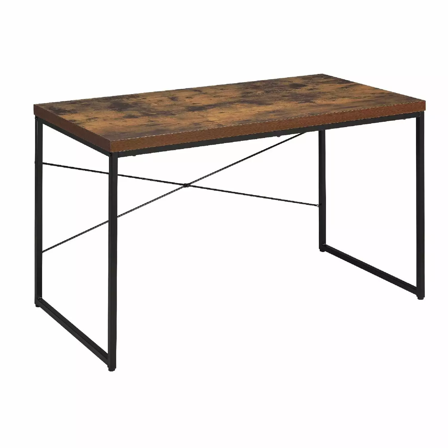 Benzara Rectangular Wooden Desk Metal Base Weathered Oak Brown Black 28.35x21.65