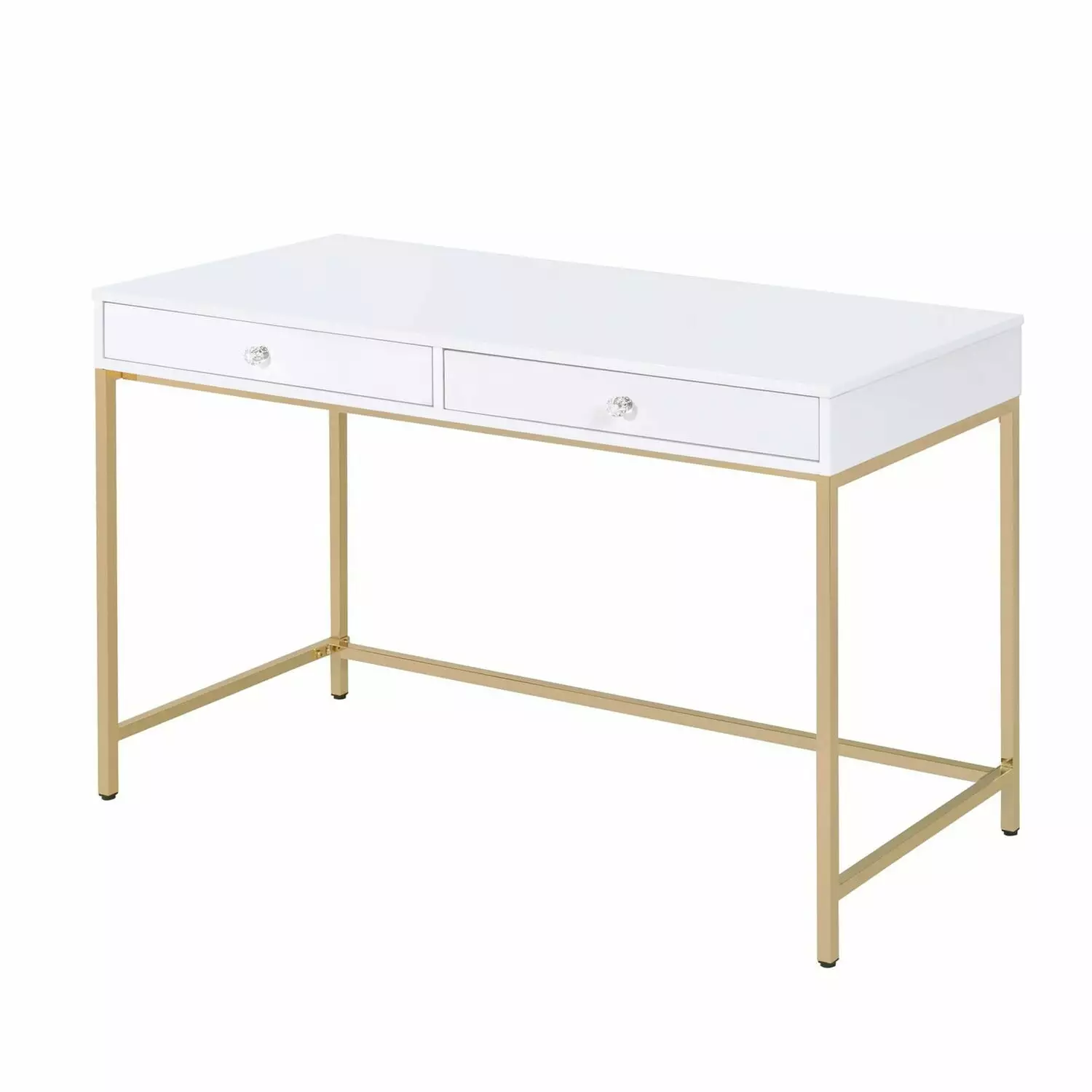 Benzara Two Drawers Wooden Desk Tubular Metal Base White and Gold - Modern Writing Desk