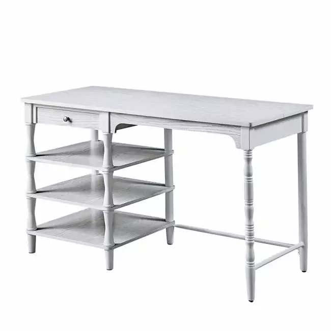Gia 48 Inch Writing Desk Drawer and 3 Shelves White Metal Frame - Modern Study Desk Benzara