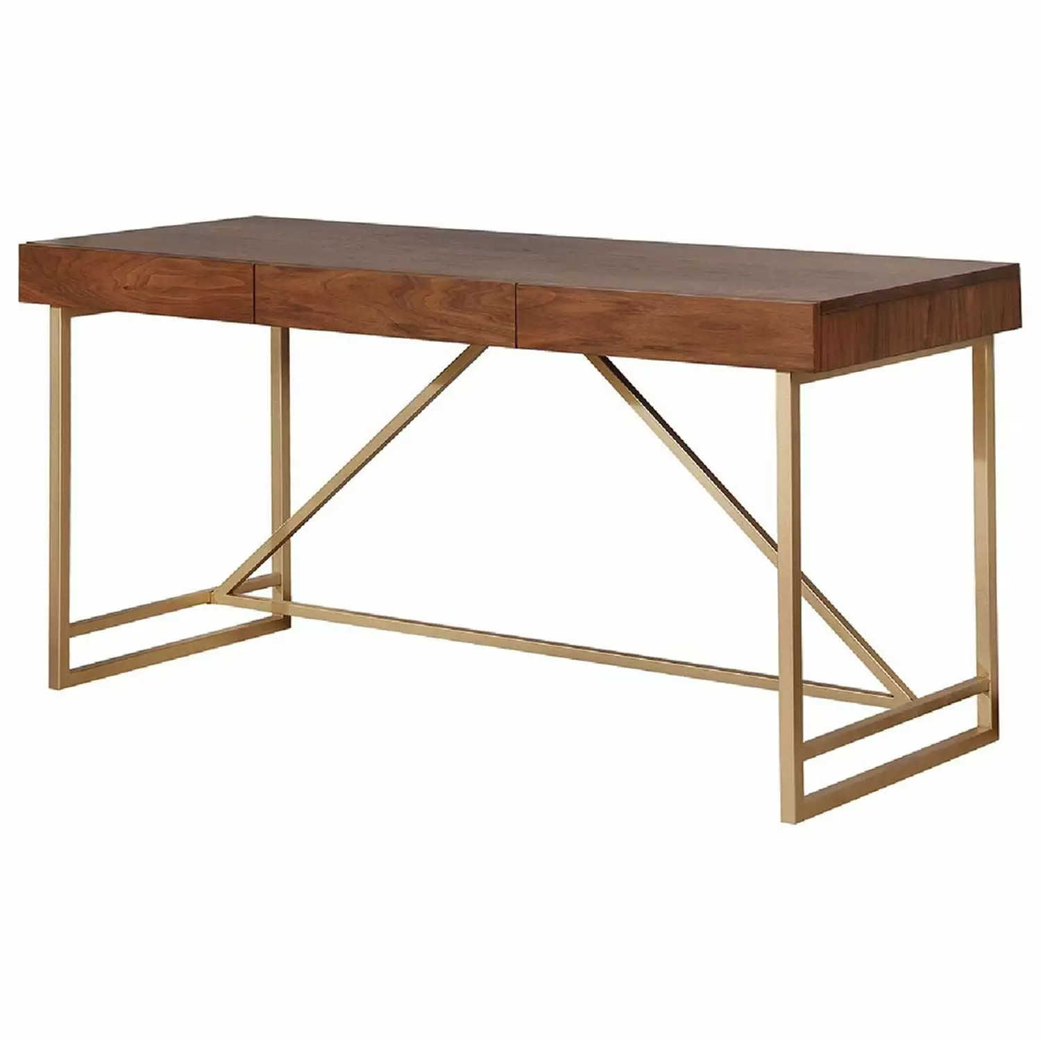 Modern Style Wooden Writing Desk Unique Metal Legs Walnut Brown Gold Benzara