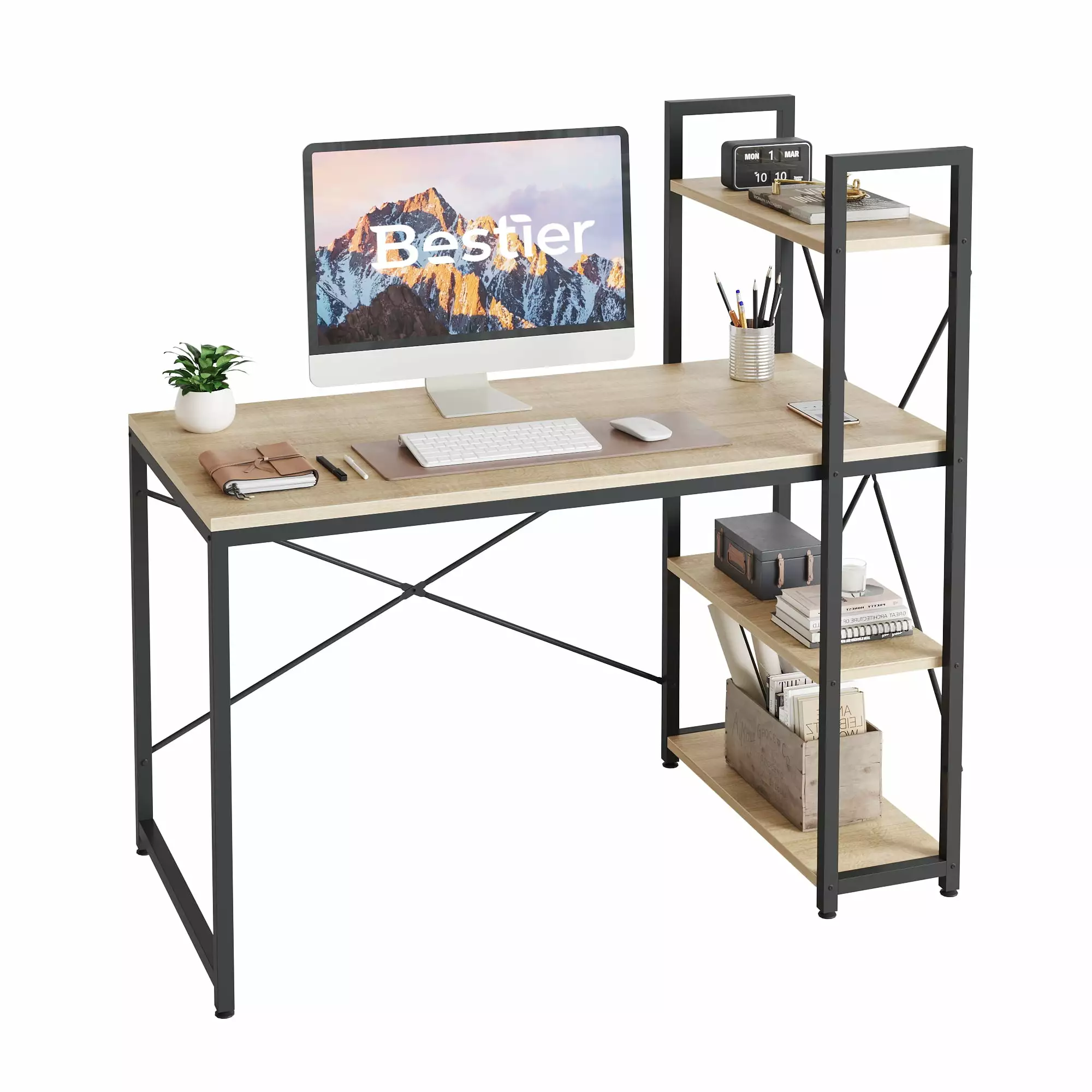 Bestier 47 Inch Oak Computer Desk Adjustable Shelves and Metal Legs