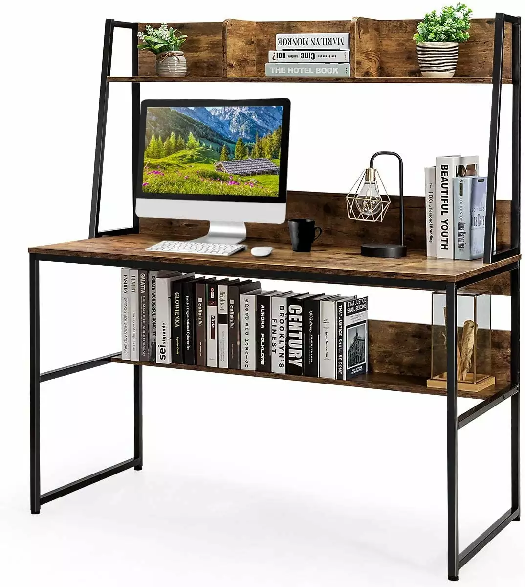 BIZFURN Rustic Brown Computer Desk Hutch and Bookshelf Home Office