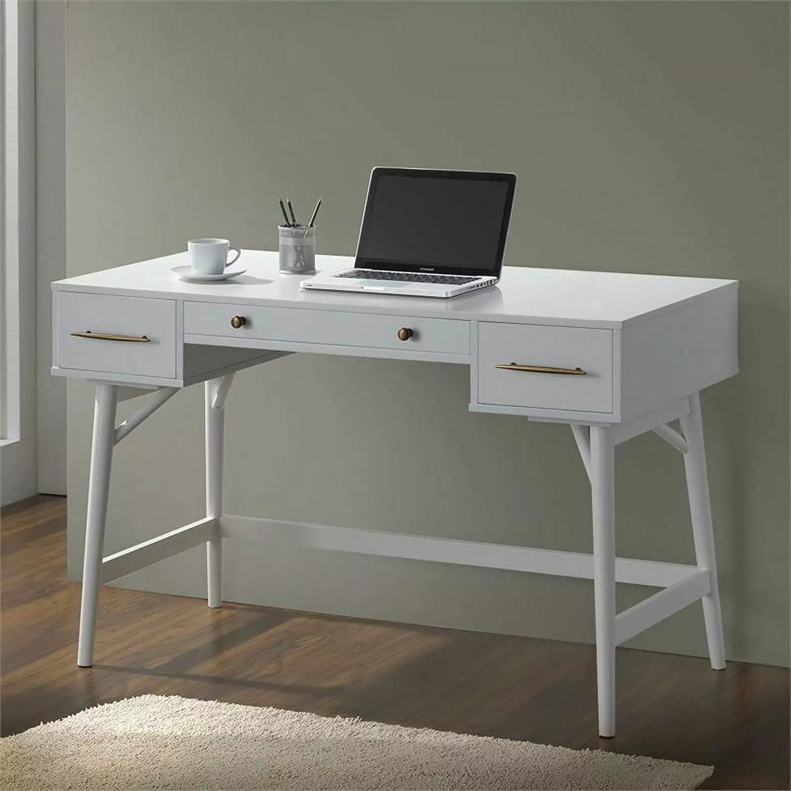 Bowery Hill 3 Drawer Writing Desk White and Bronze
