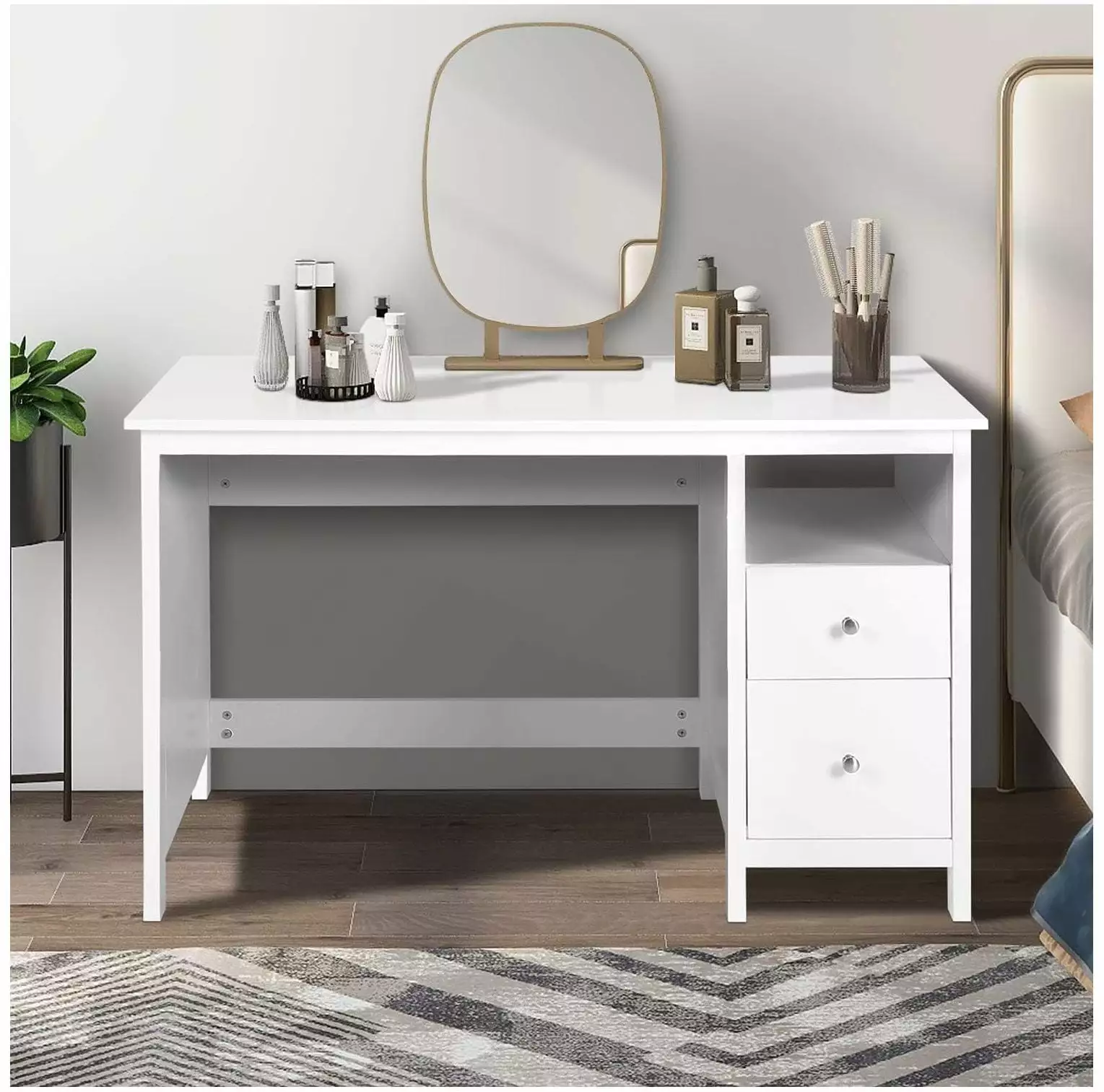 BULYAXIA White Writing Desk Drawers - 47 Inch Modern Home Office Study Computer Desk Storage