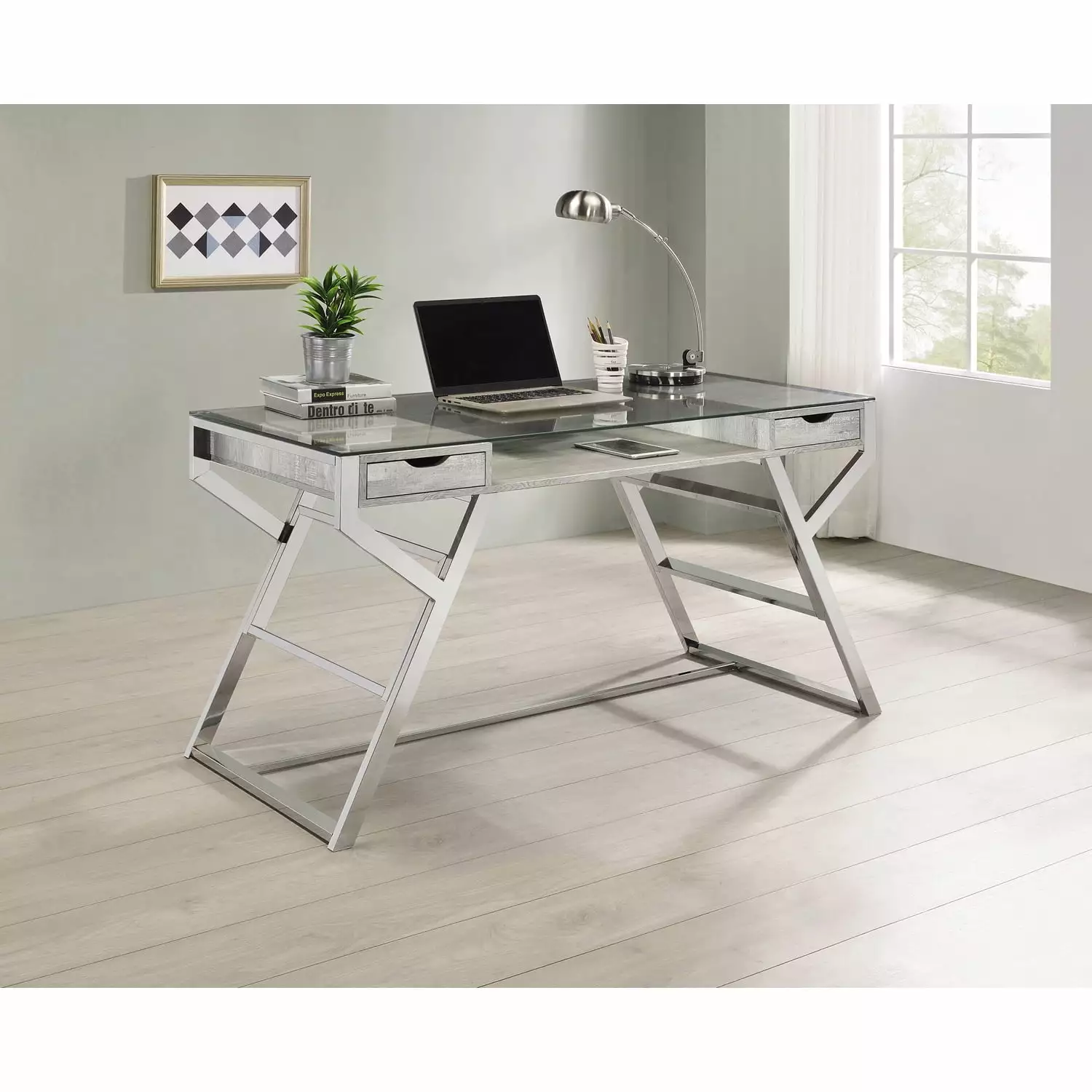 Emelle 2-Drawer Glass Top Writing Desk Grey Driftwood and Chrome Coaster Company