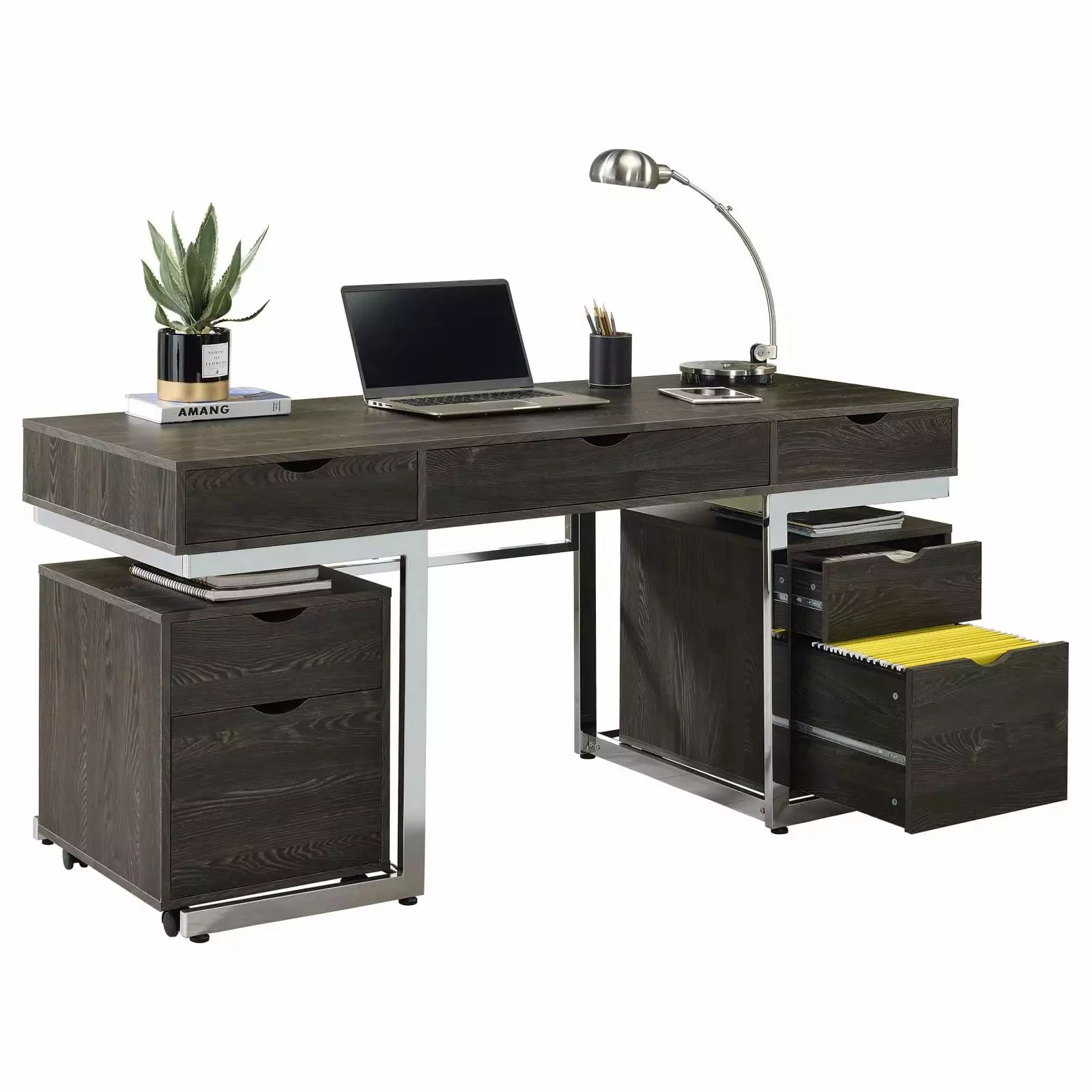 Noorvik 3-piece Writing Desk Set Dark Oak and Chrome Contemporary Office Furniture Coaster Company