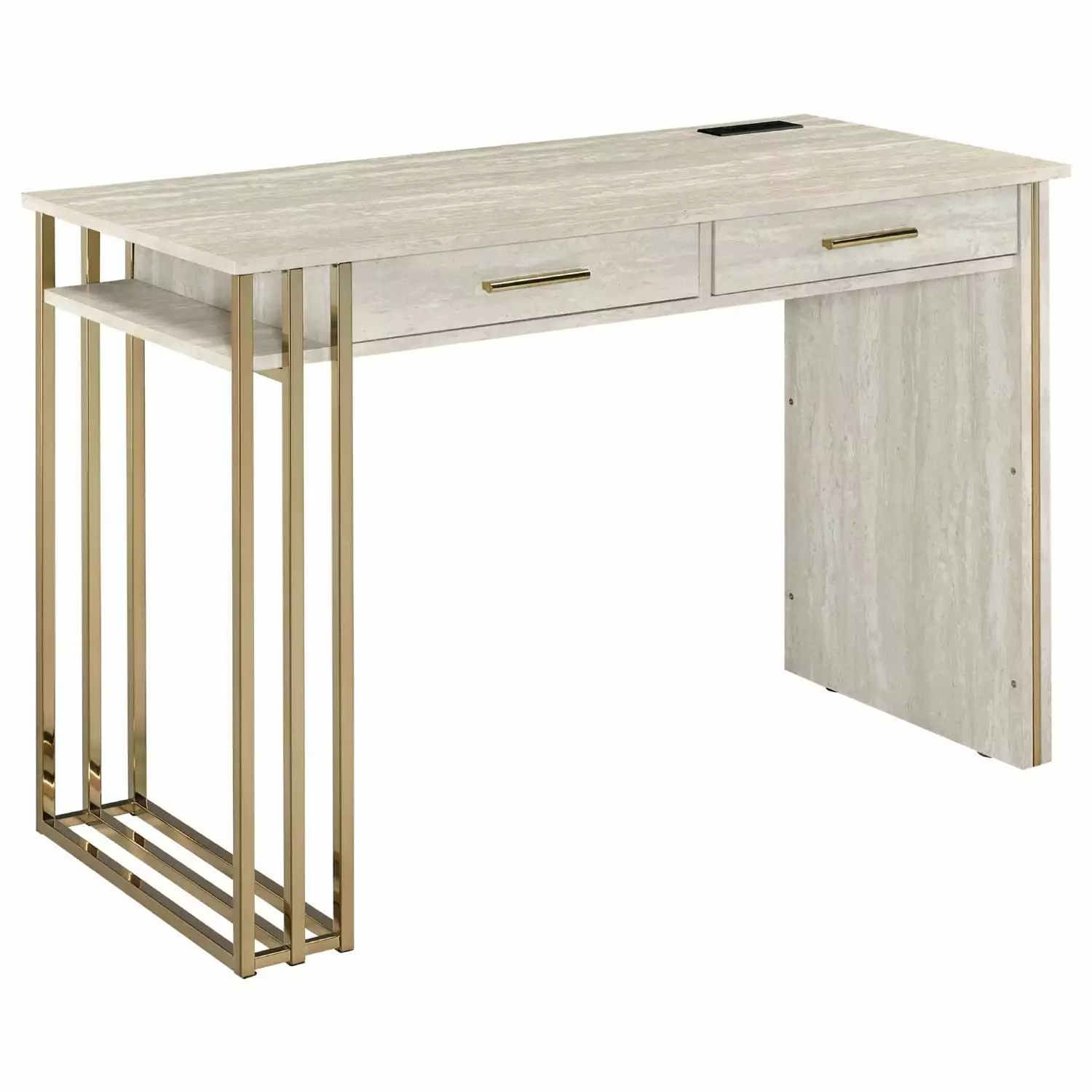 Benjara Writing Desk 2 Drawers and Built- USB Port Oak White and Gold Convenience Concepts