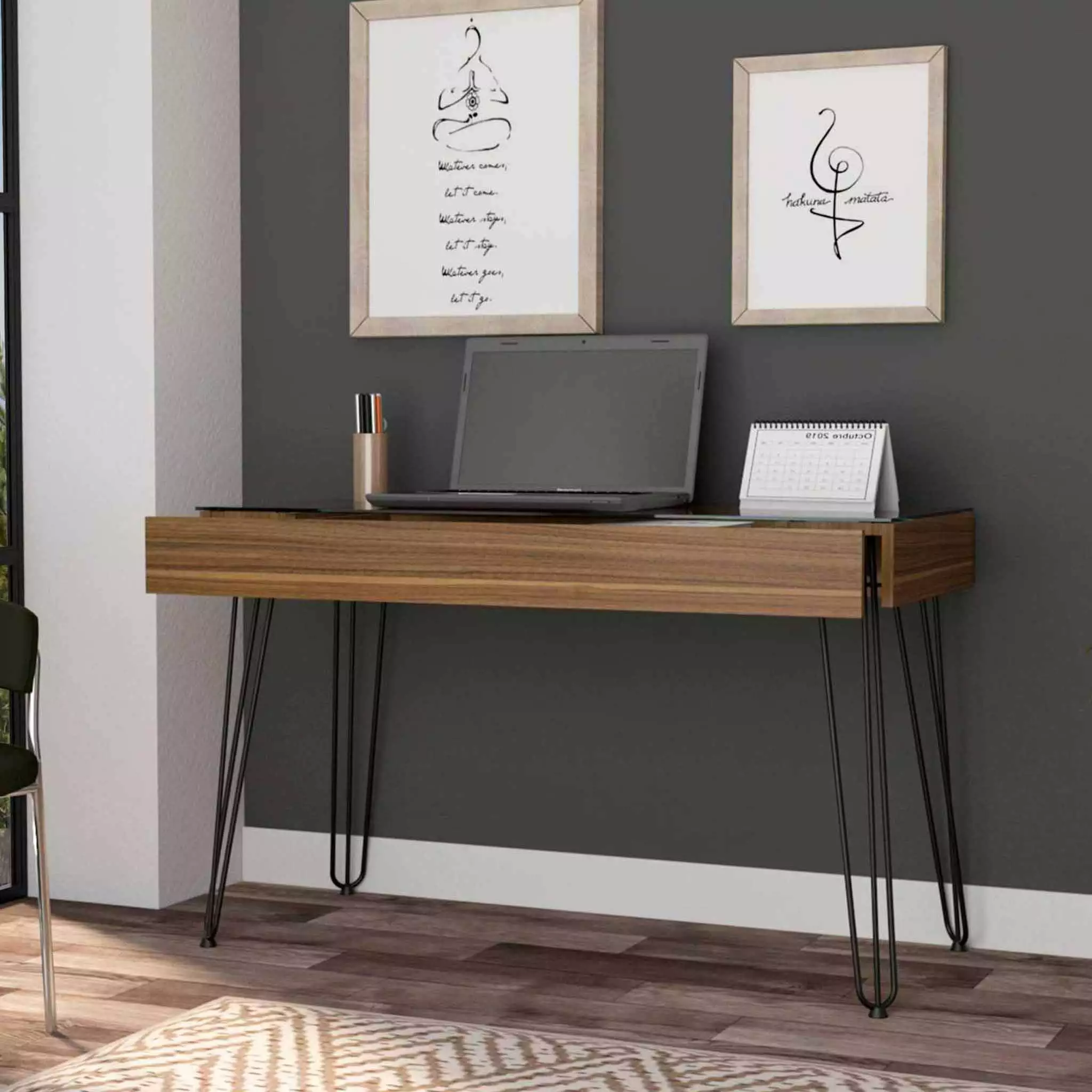 CoSoTower 1-Drawer Rectangle Writing Desk Hairpin Legs Mahogany Vintage Style
