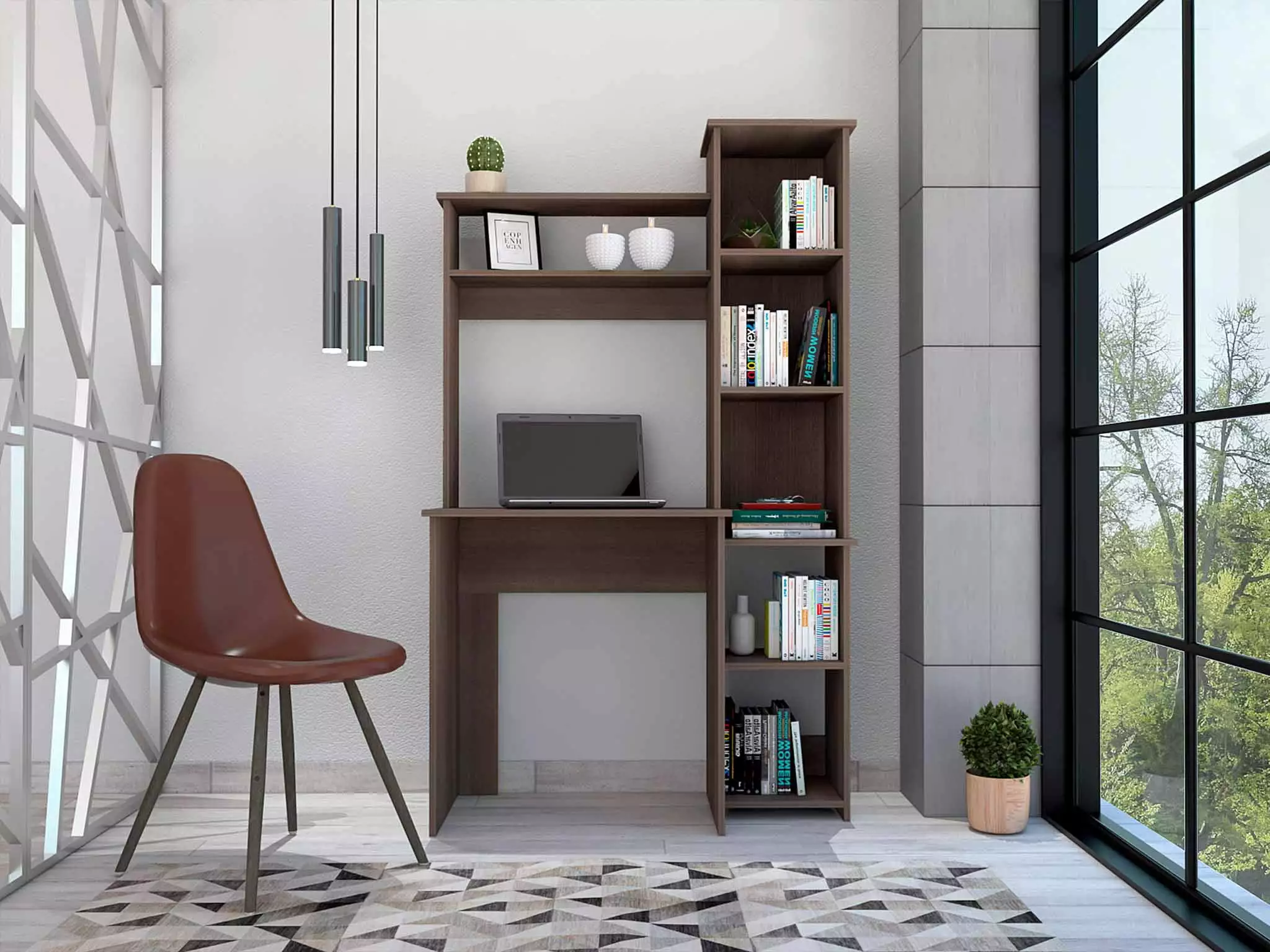 CoSoTower 6-Shelf Writing Desk Built- Bookcase Smokey Oak Study Desk
