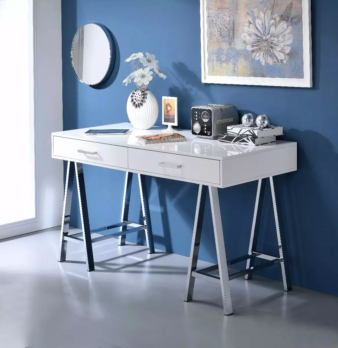 CoSoTower Built- USB Port Writing Desk White High Gloss Chrome Finish