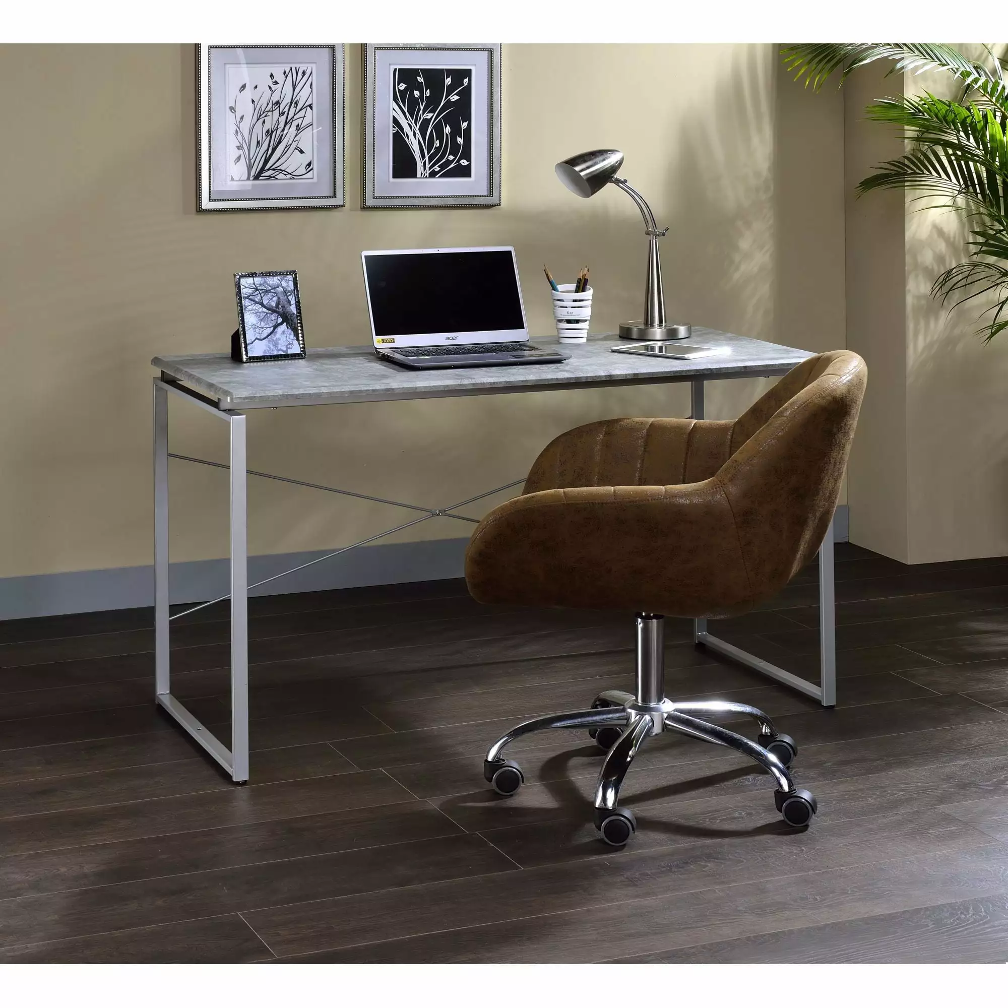 CoSoTower Writing Computer Desk Modern Study Desk Laptop Table Home Office Faux Concrete Silver