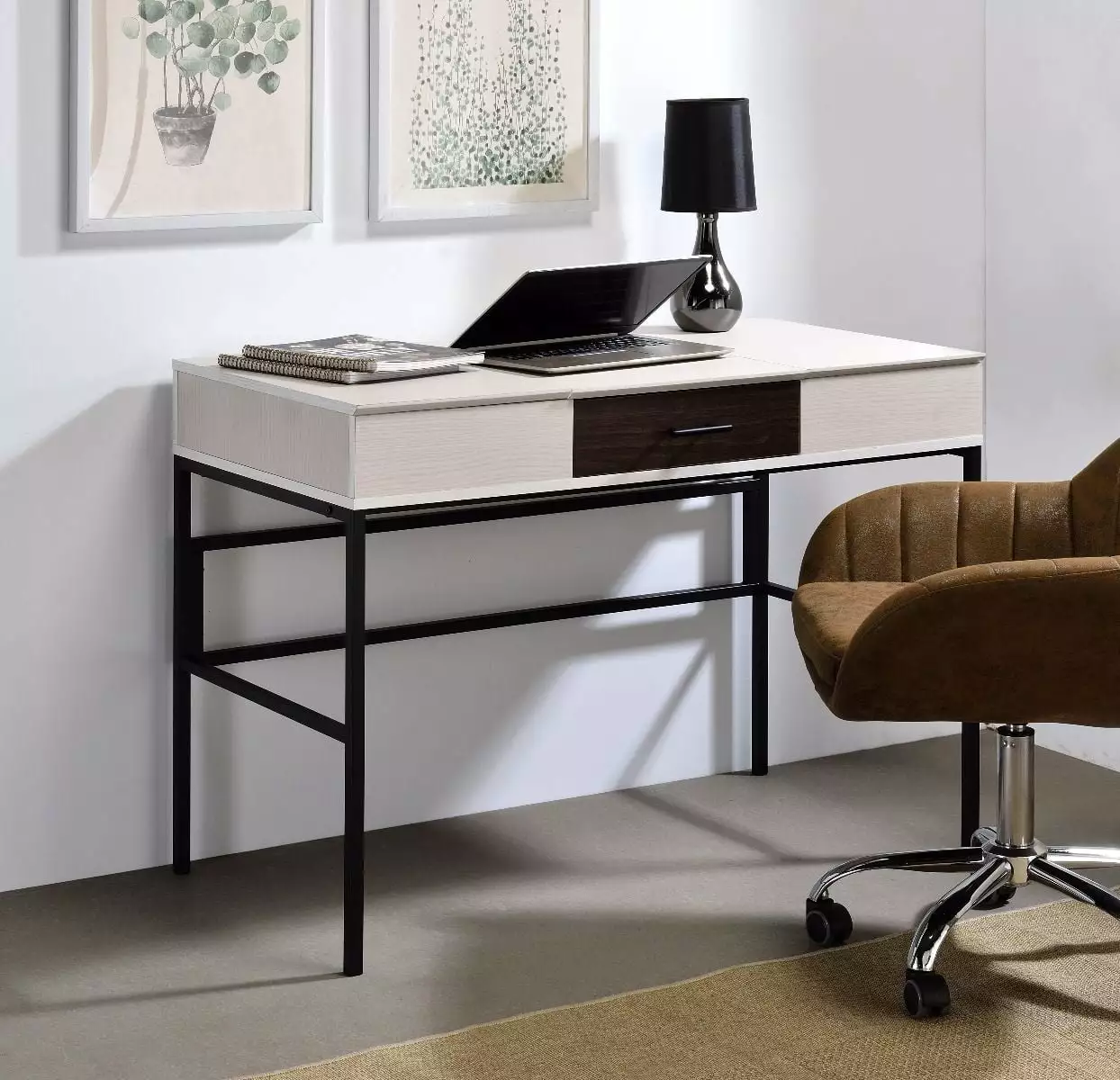 CoSoTower Writing Desk Built- USB Port Natural Black Finish