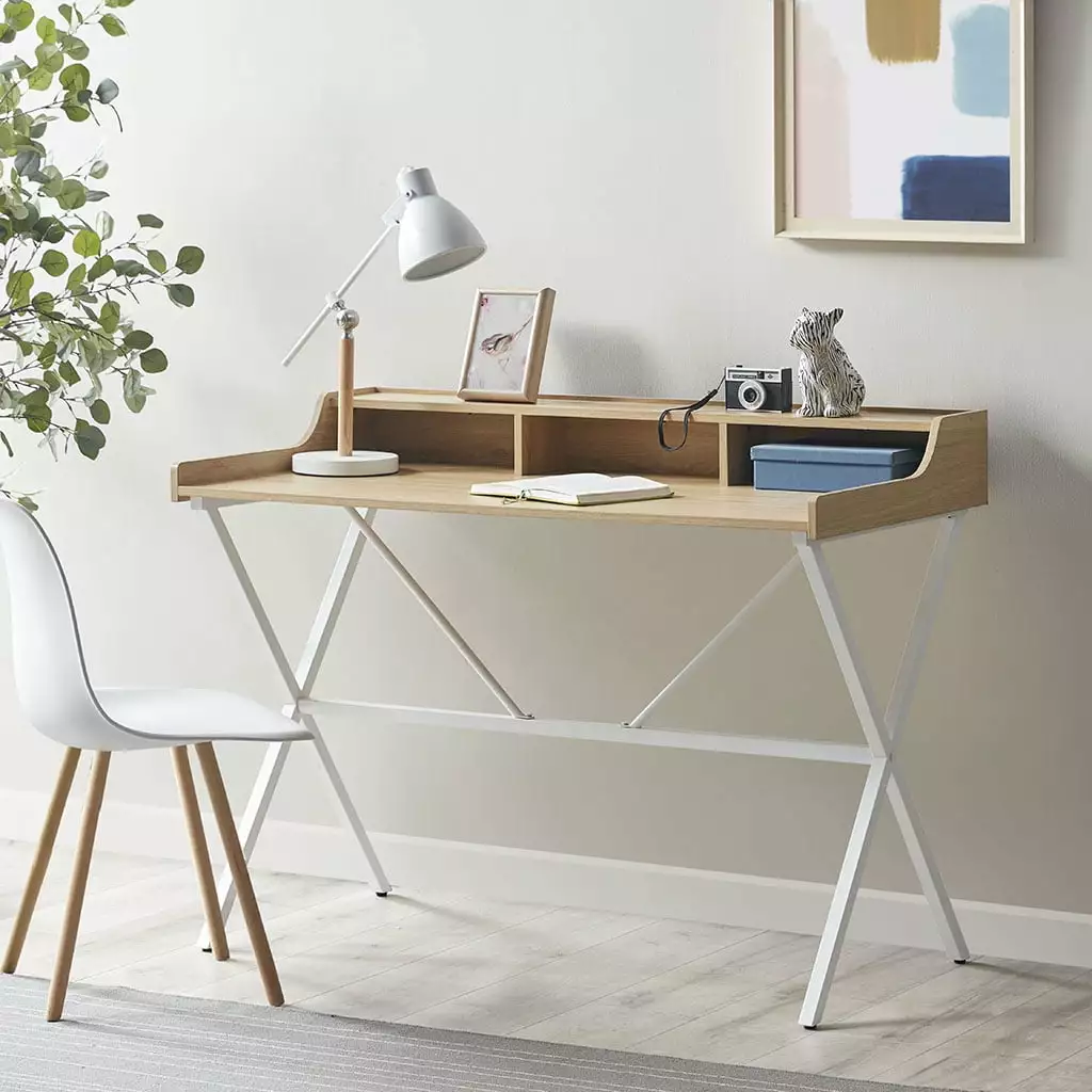CoSoTower Writing Desk Storage and Metal Crossed Legs