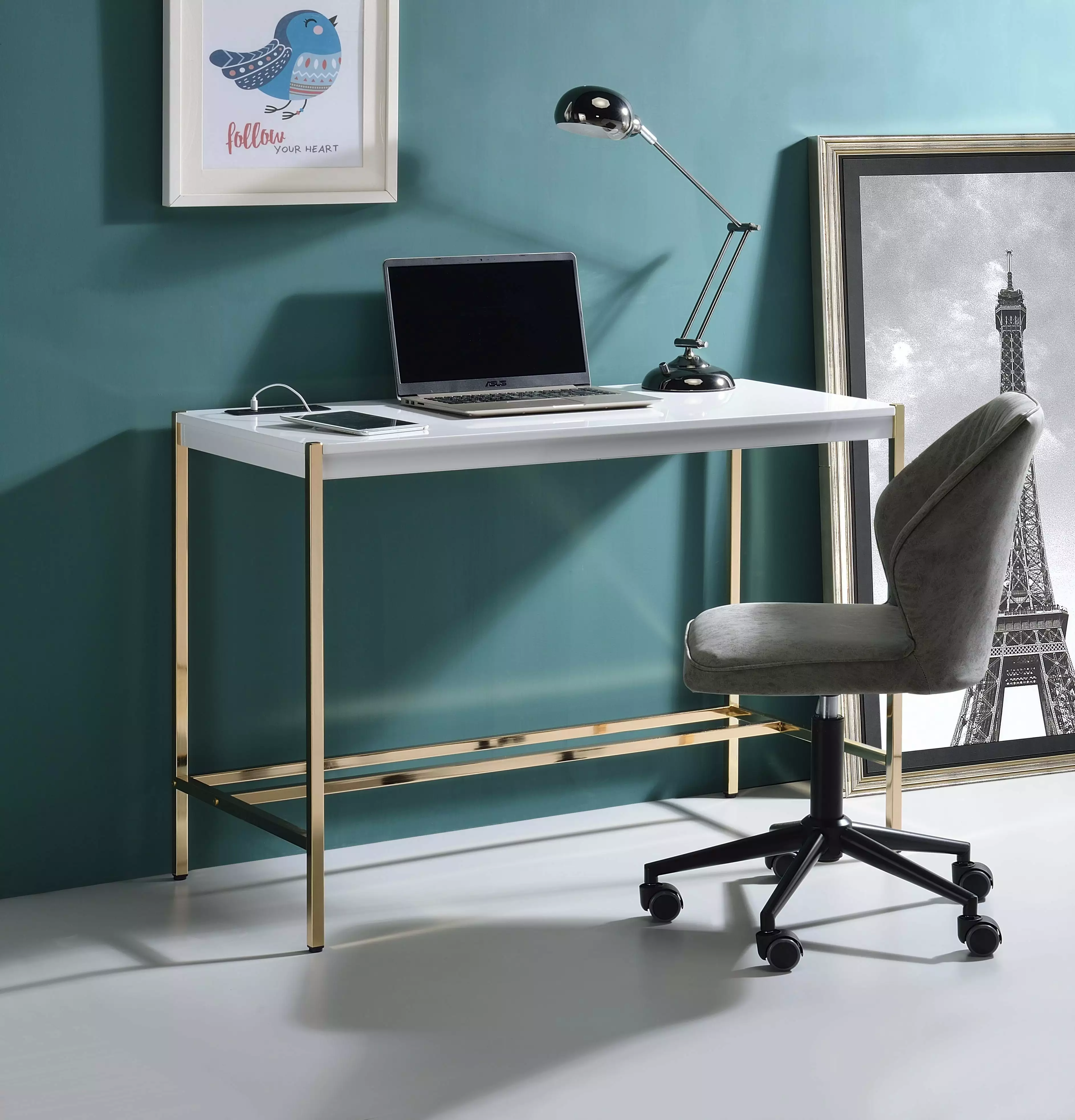 CoSoTower Writing Desk USB Port White Gold Finish Modern Office Desk