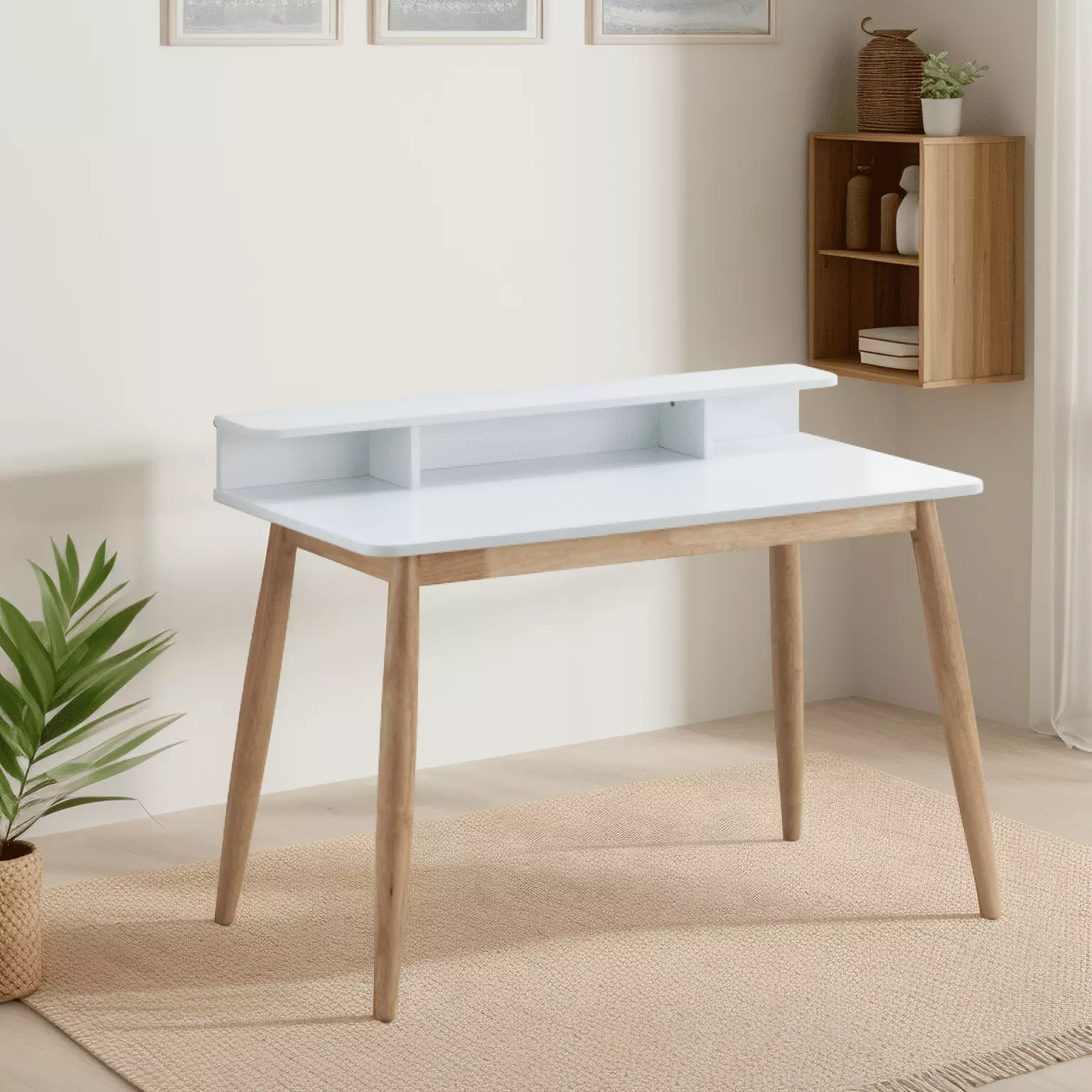 DeeHome Roskilde Mid-Century Modern White Wood Writing Desk Hutch