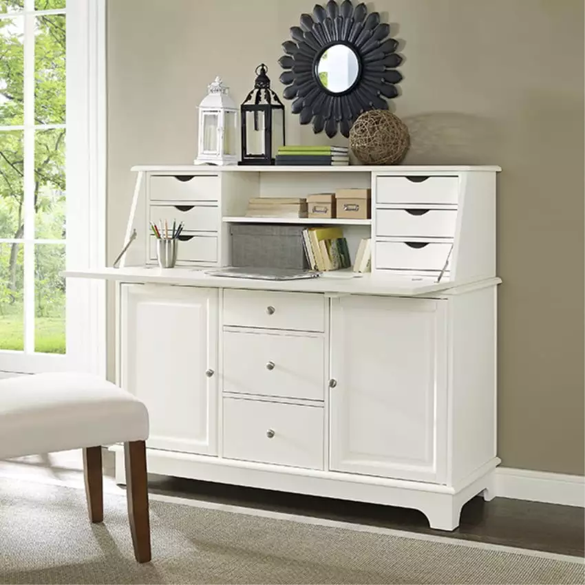 Elegant Sullivan Secretary Desk Ample Storage and Mountable Hutch - White Finish Ergode