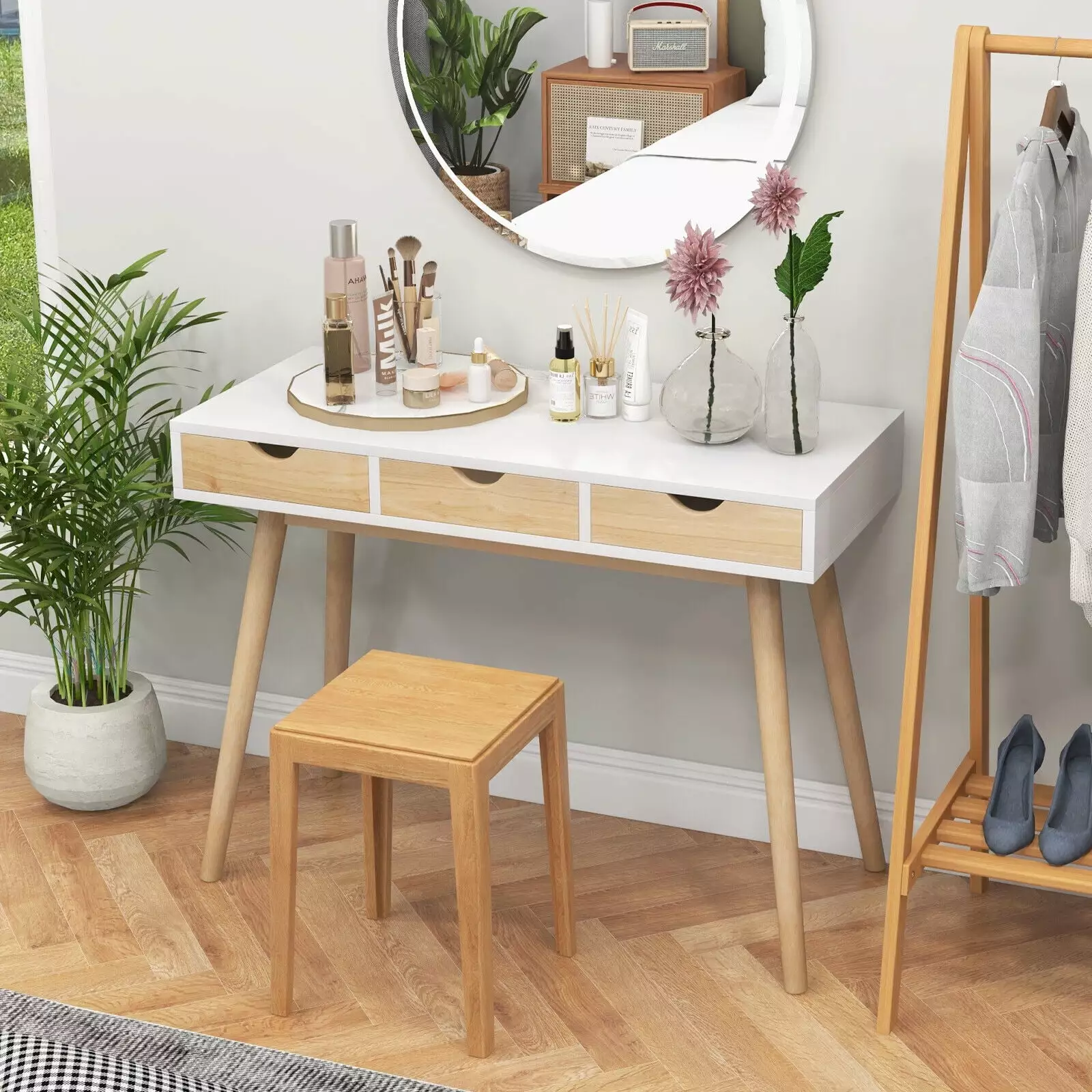 Exdeerjoy 40 Inch Modern Wooden Computer Desk 3 Drawers Rubberwood Legs