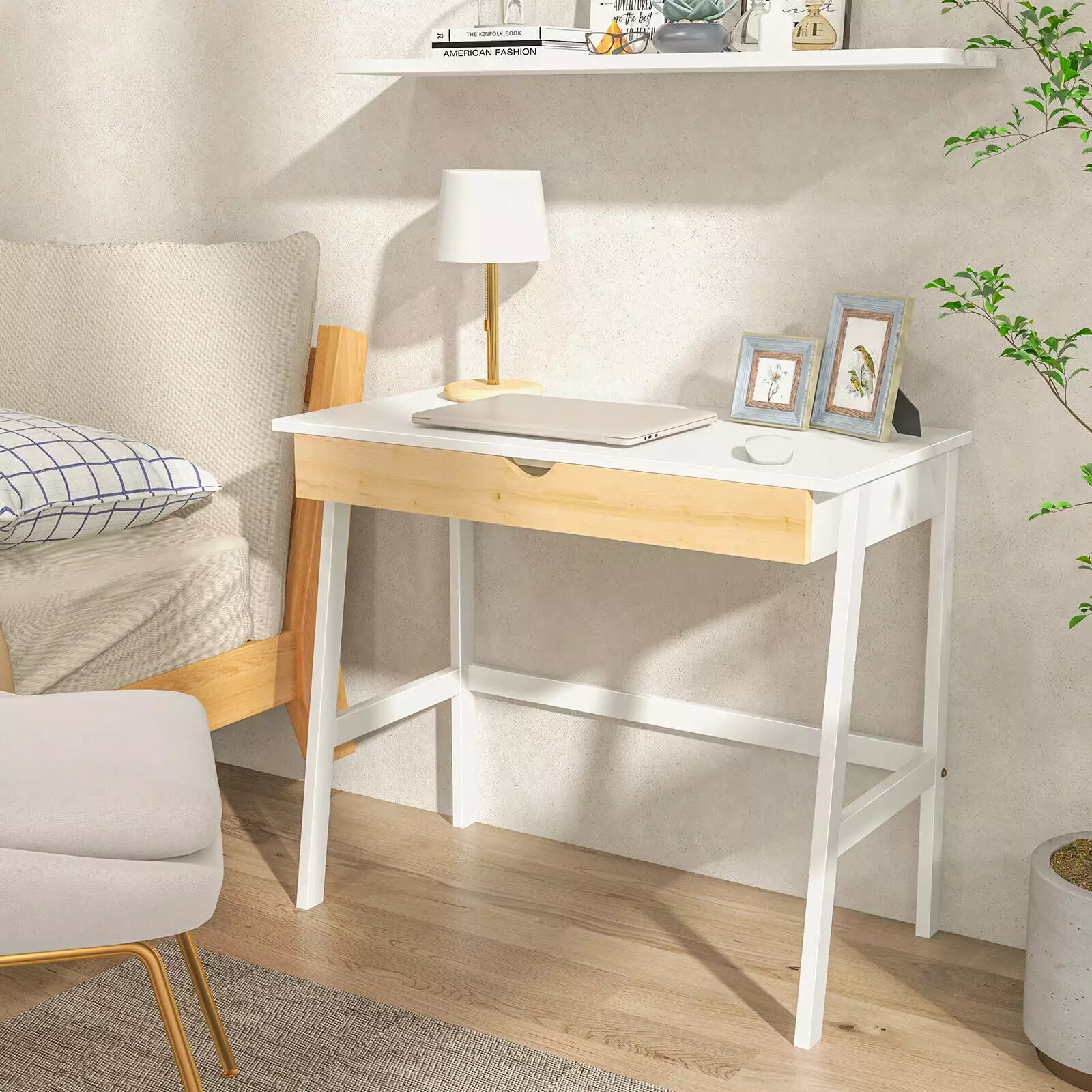 Exdeerjoy White Computer Desk Storage Drawers Modern Writing Desk Rubberwood Legs