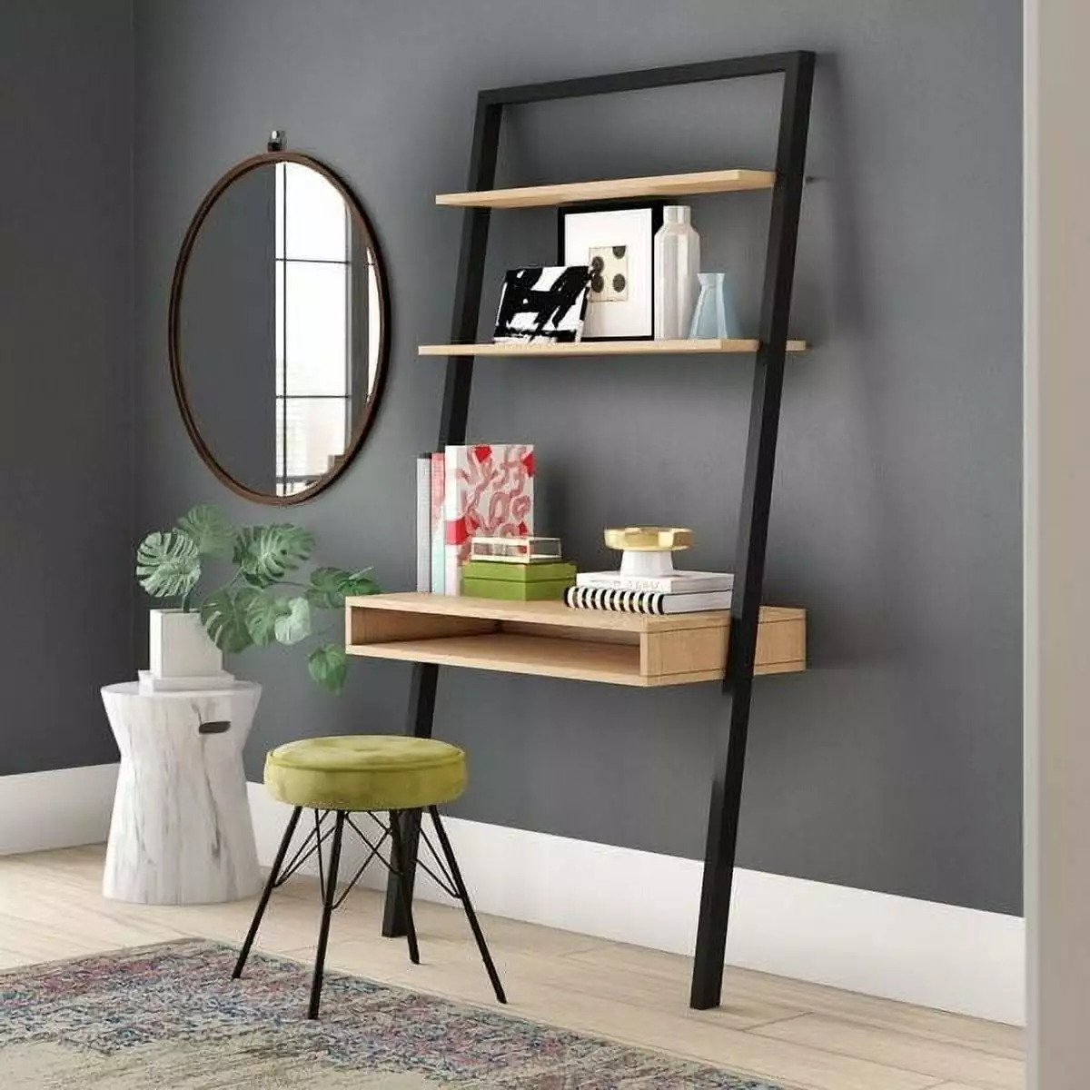 Farmhouse Rustic Oak Black Leaning Ladder Writing Desk 2 Shelves Fast Furnishing