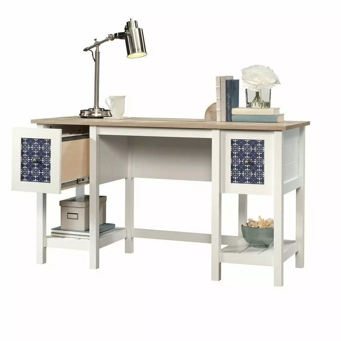 FarmHouse White Blue Oak Top 2 Drawer Office Writing Desk - Made USA Solid Wood Furniture Fast Furnishing