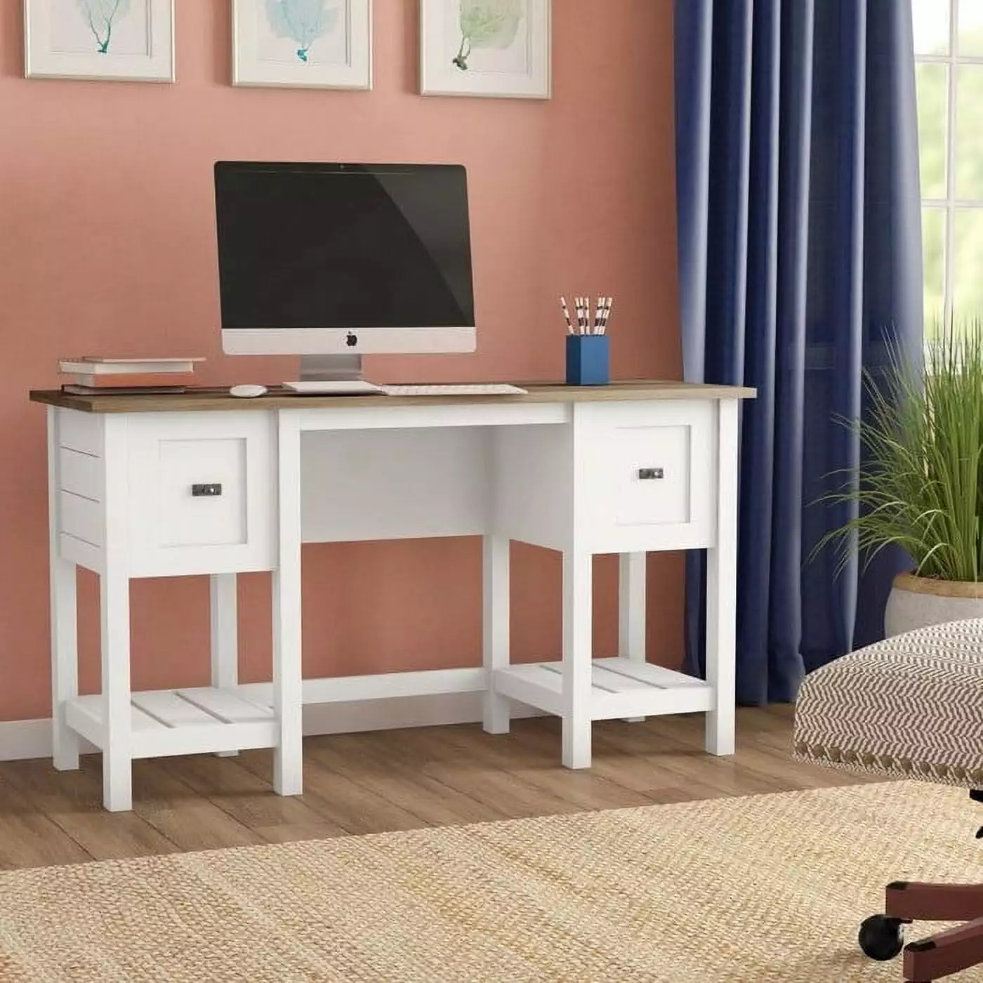 FarmHouse White Oak Top 2 Drawer Office Writing Desk Made USA Fast Furnishing