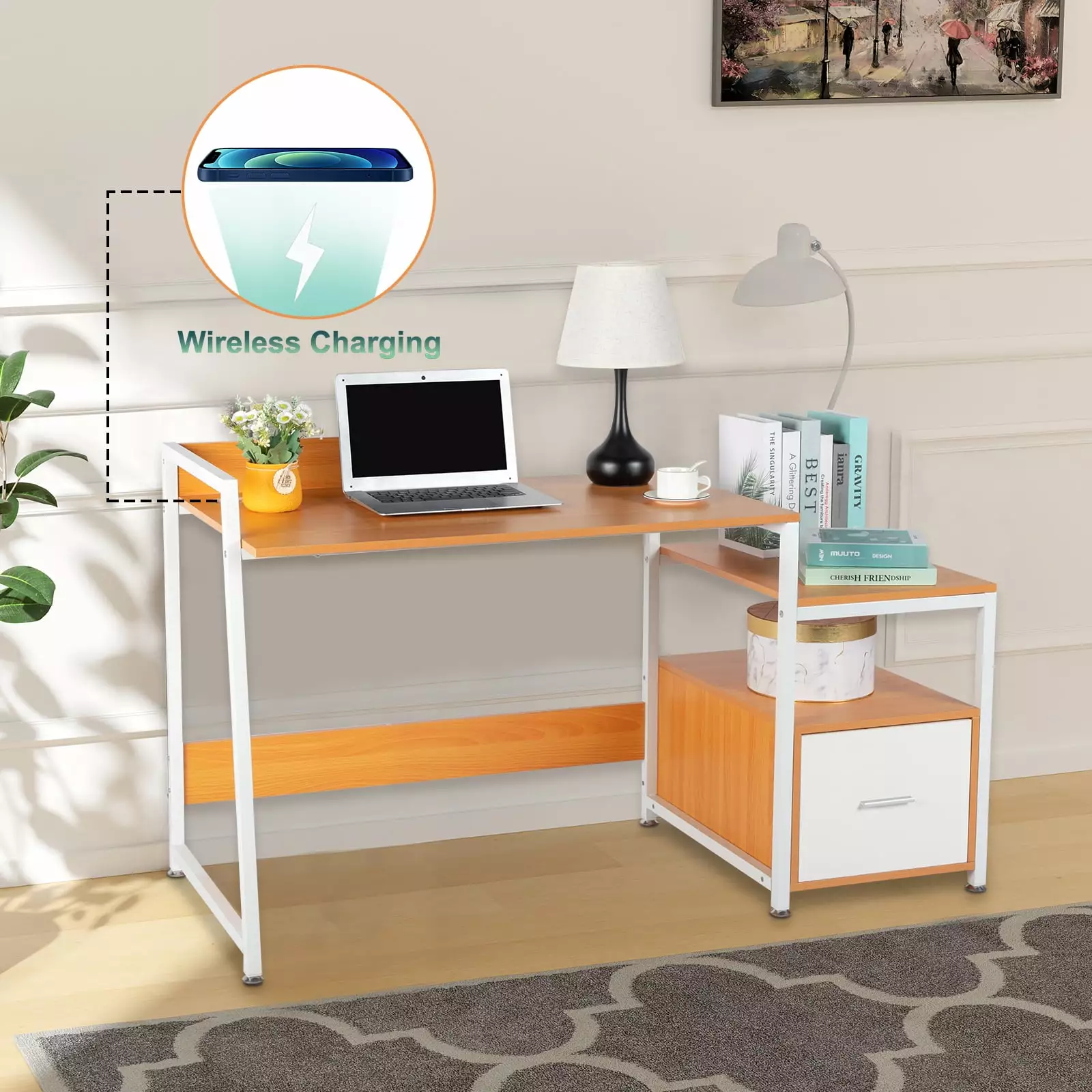 Ktaxon Computer Desk Storage Shelves USB Wireless Charging Port & Power Outlet Home Office Workstation Modern Writing Tabl...