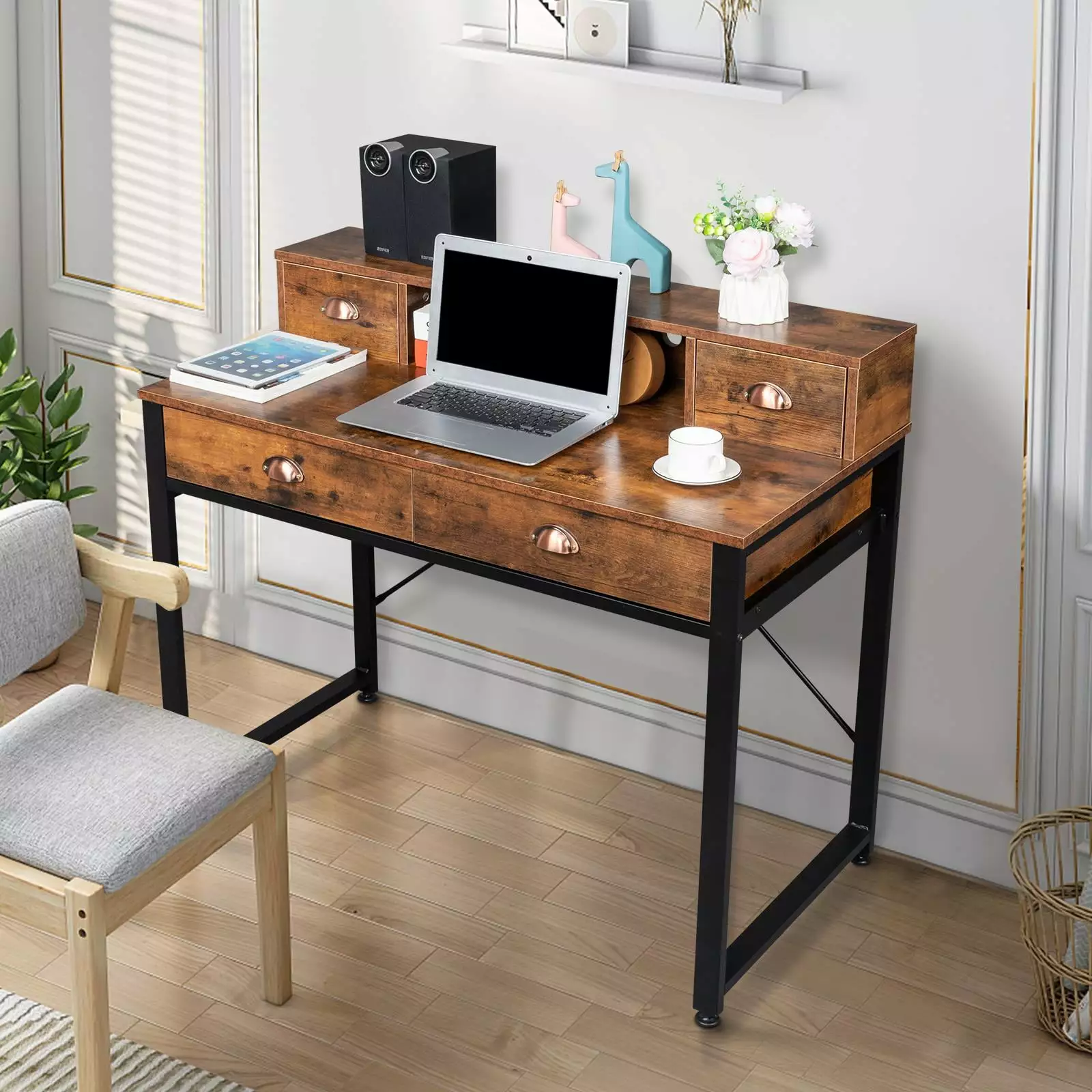 UBesGoo Writing Desk 4 Drawers Computer Vanity Desk Storage Organizer FCH
