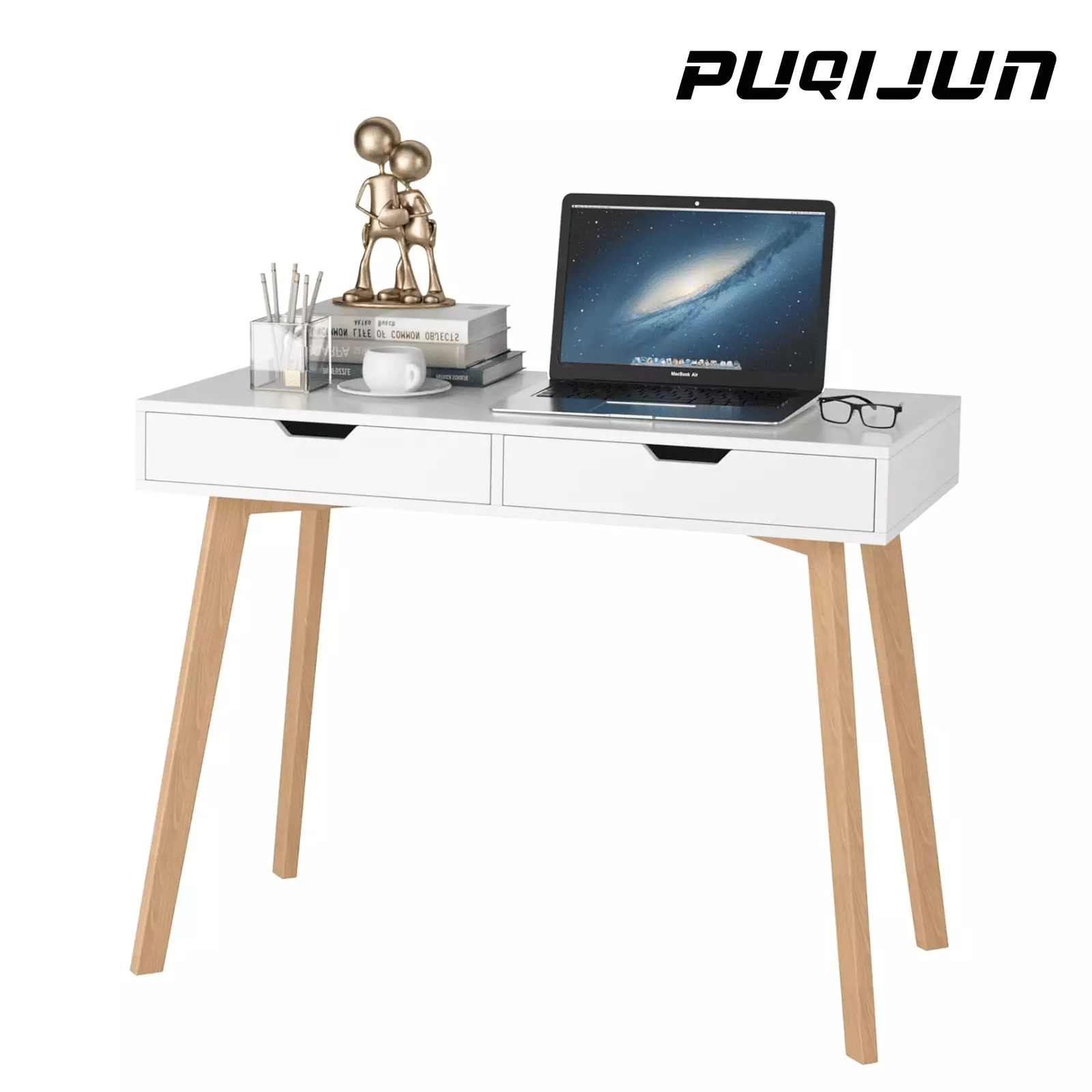 White Computer Writing Desk 2 Drawers Small Desk Makeup Vanity Table Wood Desk 4 Oak Legs FHWMLCX