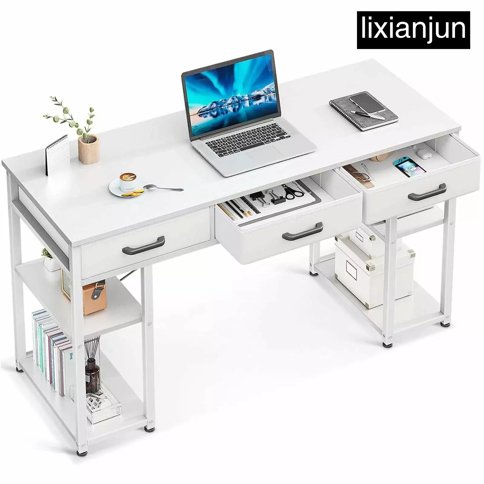 Office Small Computer Desk Fabric Drawers and Storage Shelves Modern Writing Desk White FHWMLYT