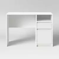 White Wooden Rectangular Writing Desk Built- Drawers and Open Shelves FHWMsafa