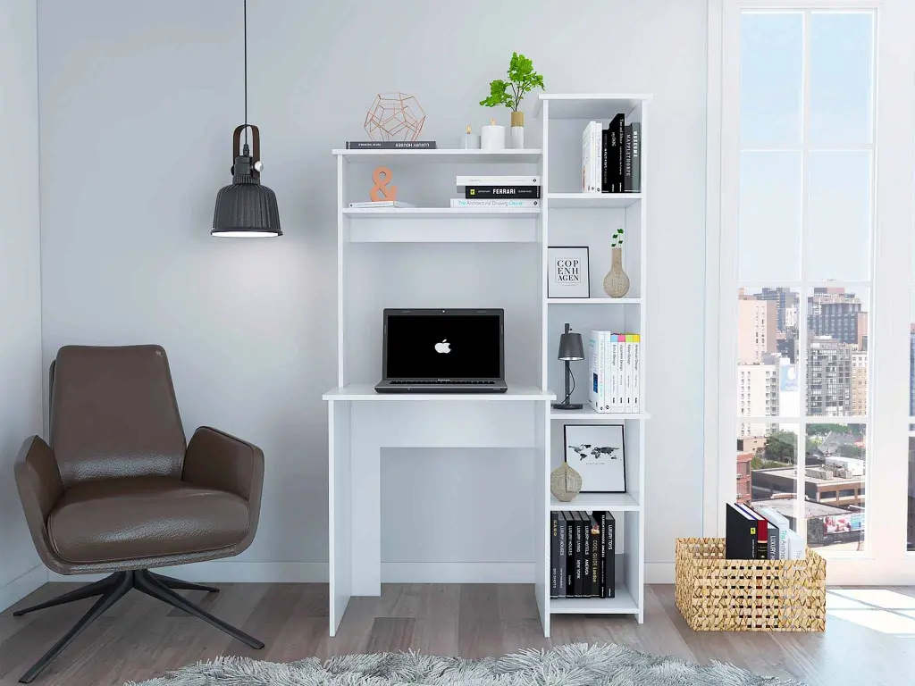 Nashville Writing Desk Six Shelves White Computer Desk Office Modern fm furniture
