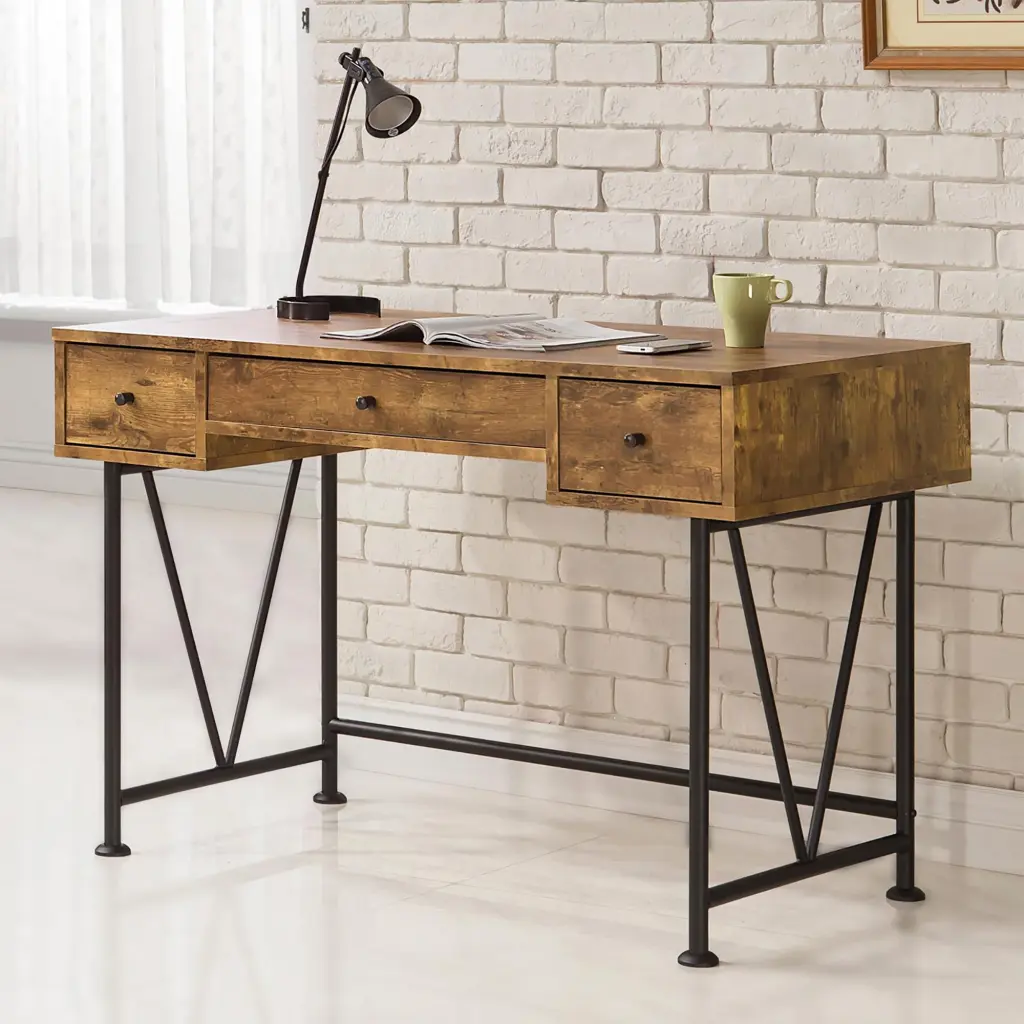 Antique Nutmeg and Black 3-Drawer Writing Desk Brown Wood furniture max