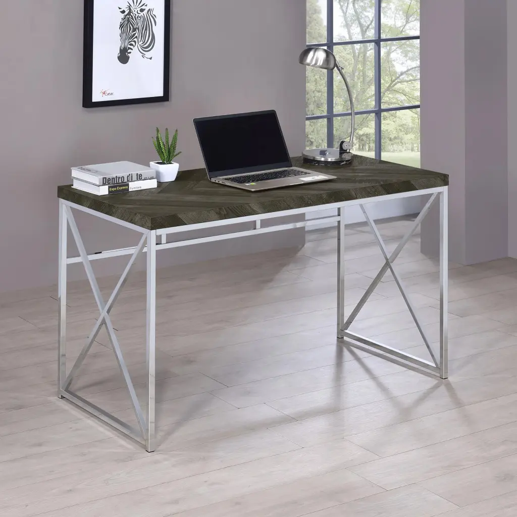 Rustic Grey Herringbone And Chrome Writing Desk Grey Writing Desk Office furniture max
