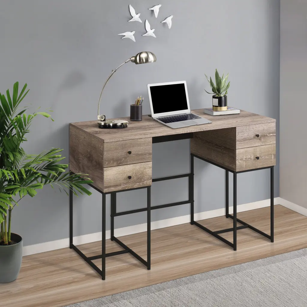 Rustic Oak And Black 4 Drawer Writing Desk Black Brown Vintage Style Home Office Desk furniture max