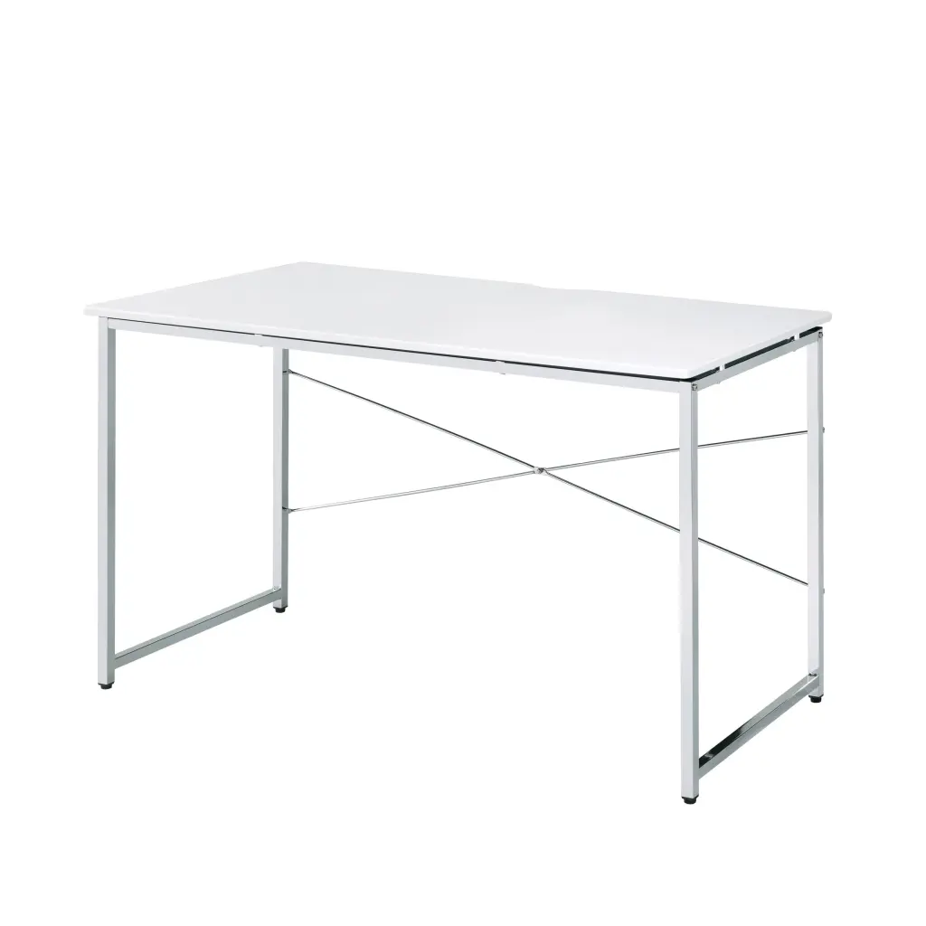 White and Chrome Writing Desk Sled Base Modern Office Desk Silver Finish furniture max