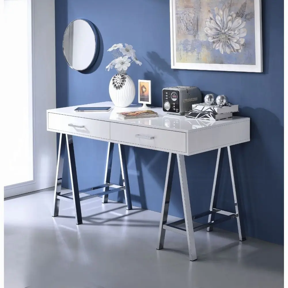 White High Gloss and Chrome 2 Drawer Writing Desk Home Office Silver Finish furniture max