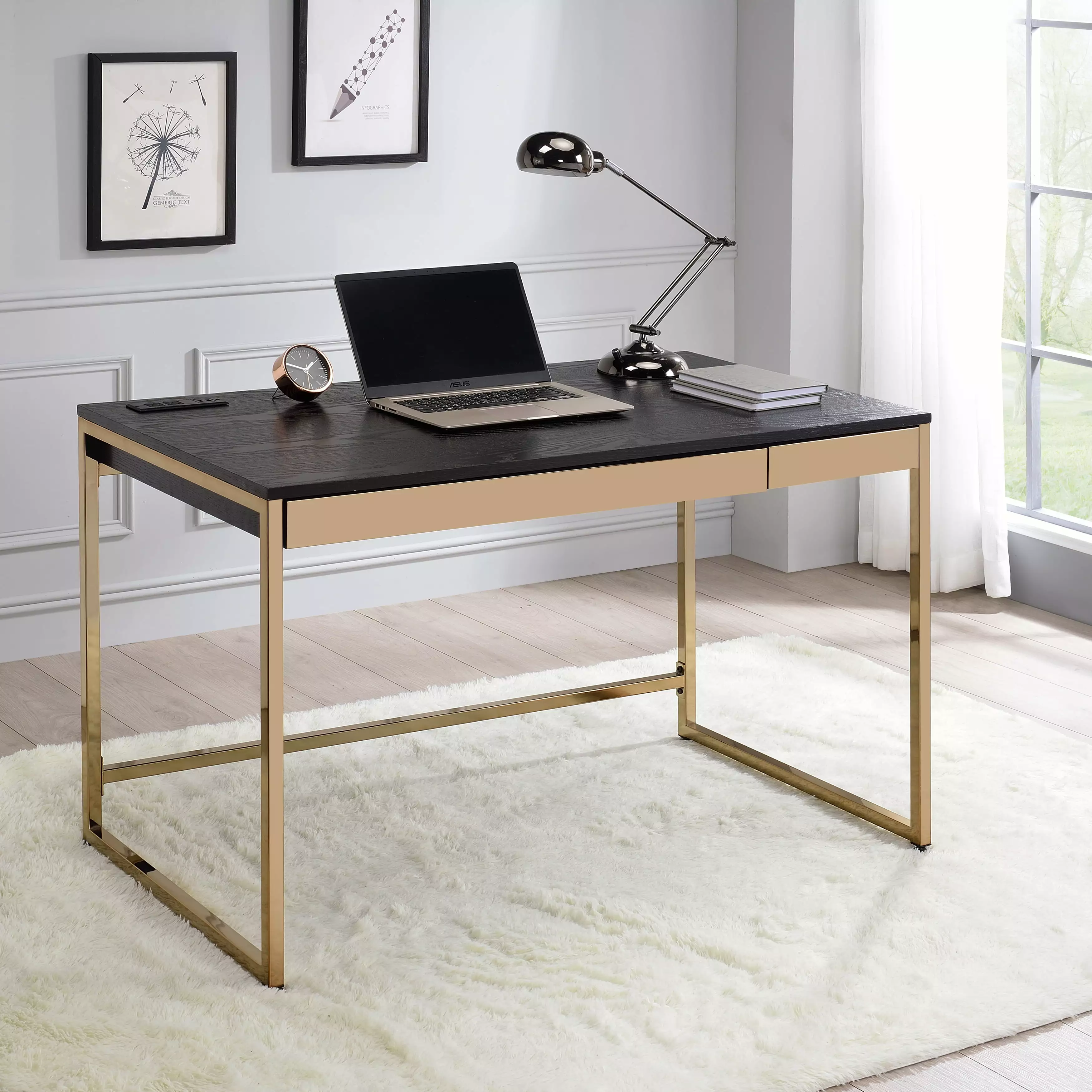 Furniture America Writing Desk USB Outlet Black and Copper - Modern Office Desk
