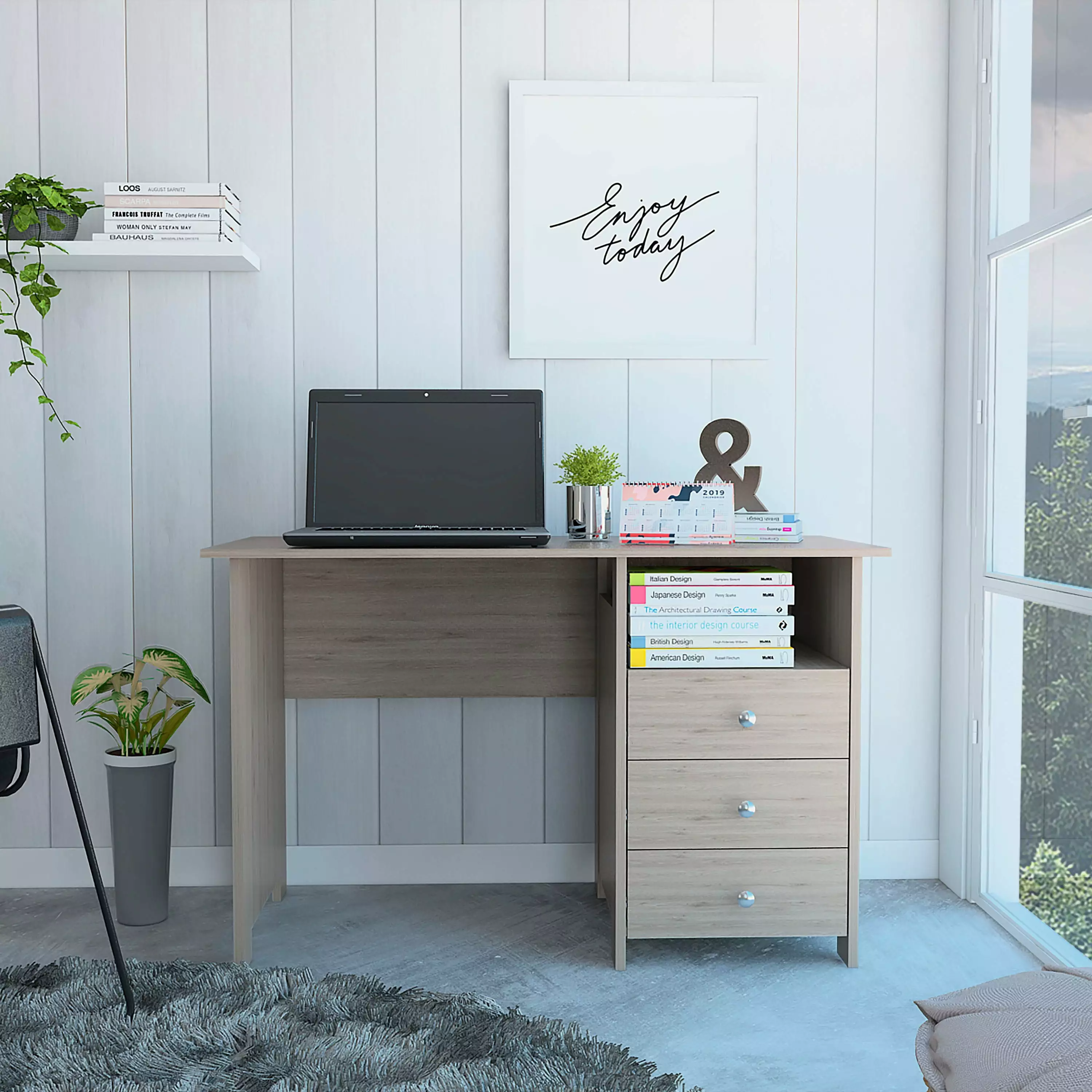 GeeHome Edgewater 3-Drawer Writing Desk Open Compartment Light Gray