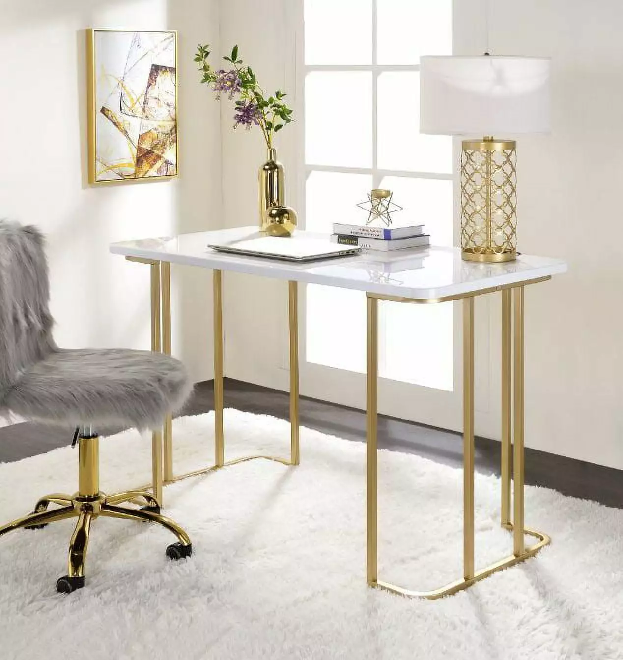 GeeHome Estie Writing Desk White and Gold Finish