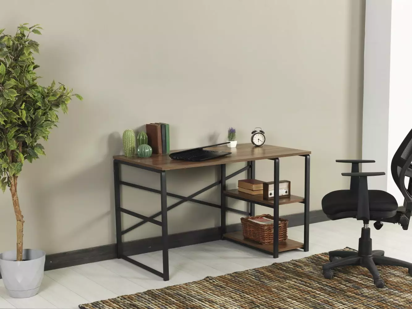 GeeHome Furnish Sage Black Metal Frame 47-Inch Wooden Top Writing Desk 2 Shelves