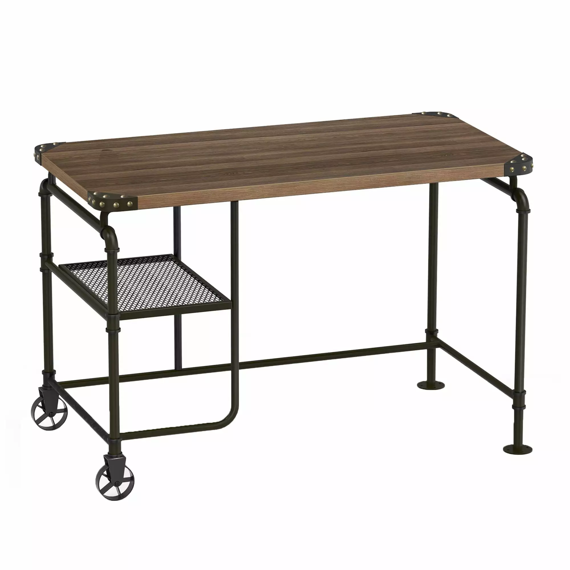 GeeHome Industrial Metal Writing Desk Wooden Top Brown Black Modern Office