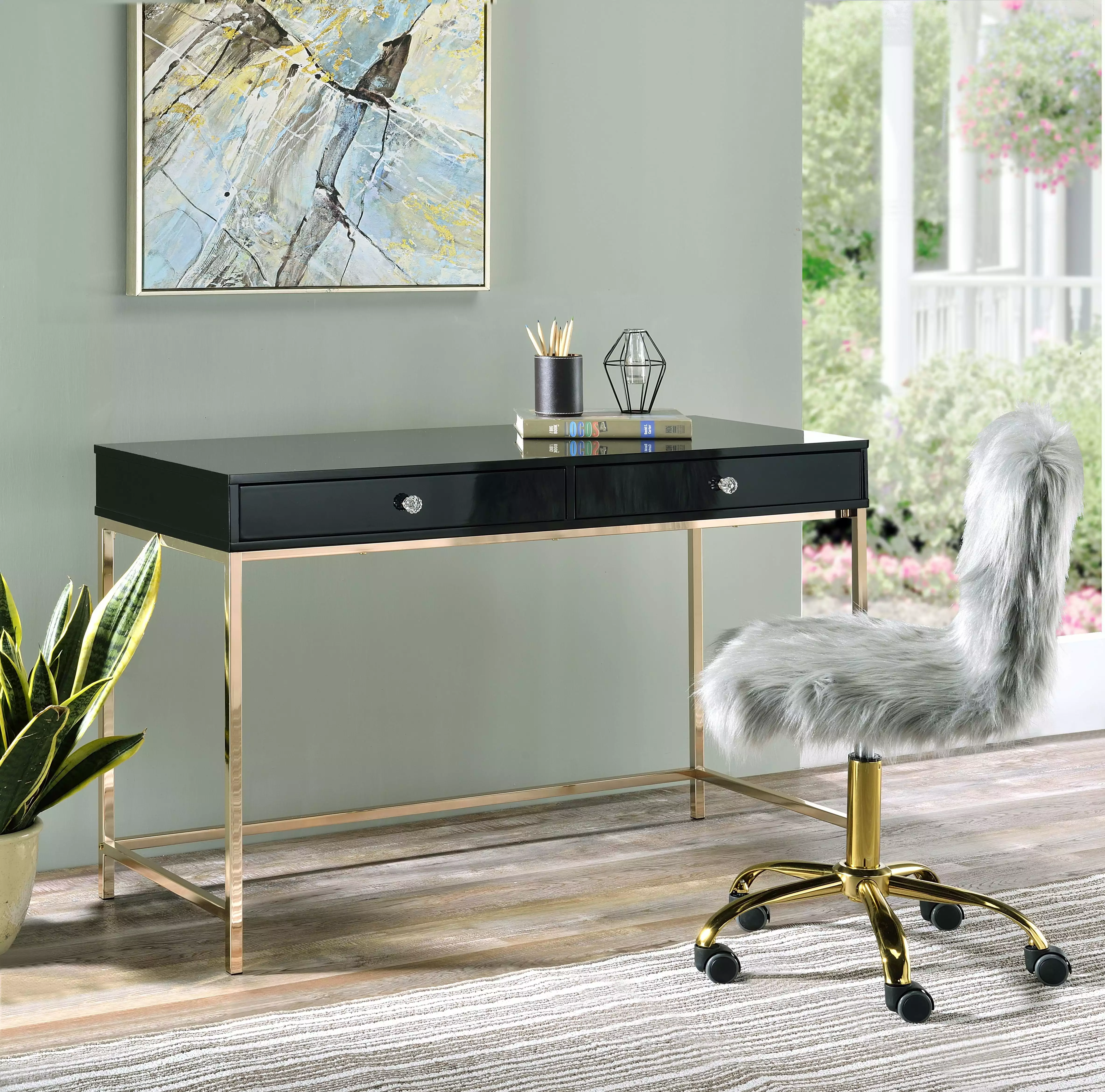 GeeHome Ottey Writing Desk Black High Gloss Gold Finish 93540 Modern